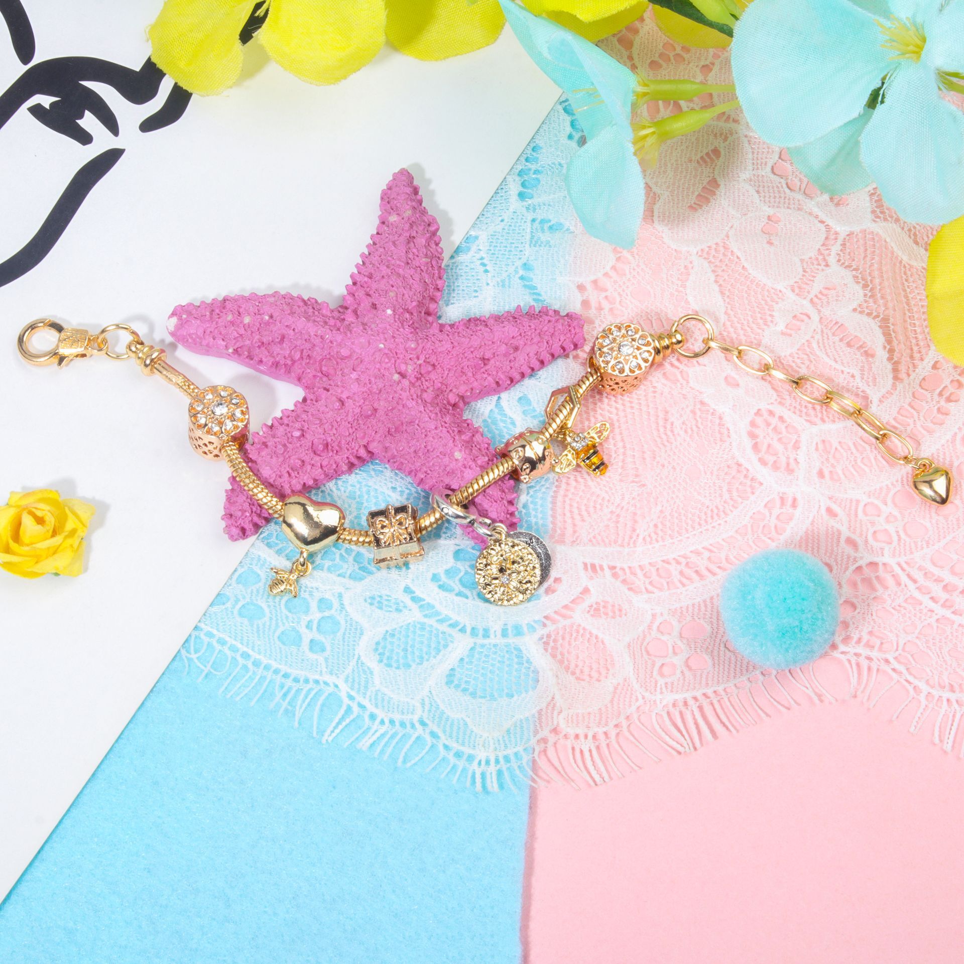 Golden Heart & Bee Charm Bracelet with Rhinestones, Hollow Flower & Gift Box Beads(18cm) โ image 3