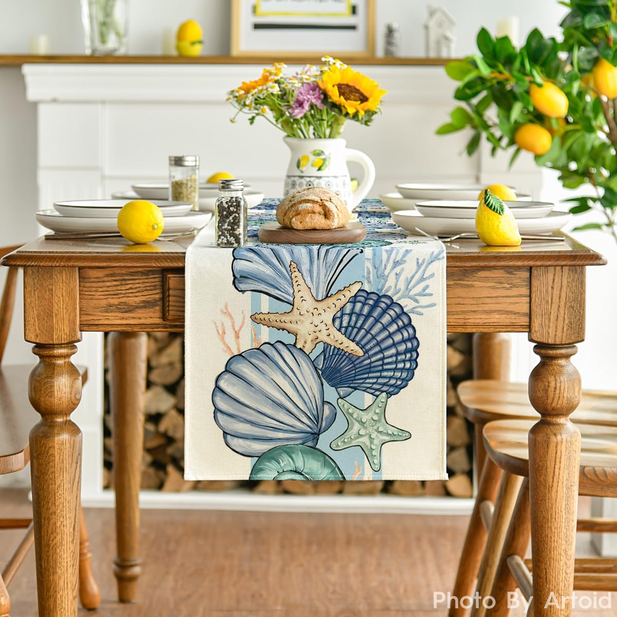 Sea Shell Starfish Summer Table Runner,Spring Ocean Kitchen Dining Table Decoration for Home Party Decor 13x72 Inch โ image 2