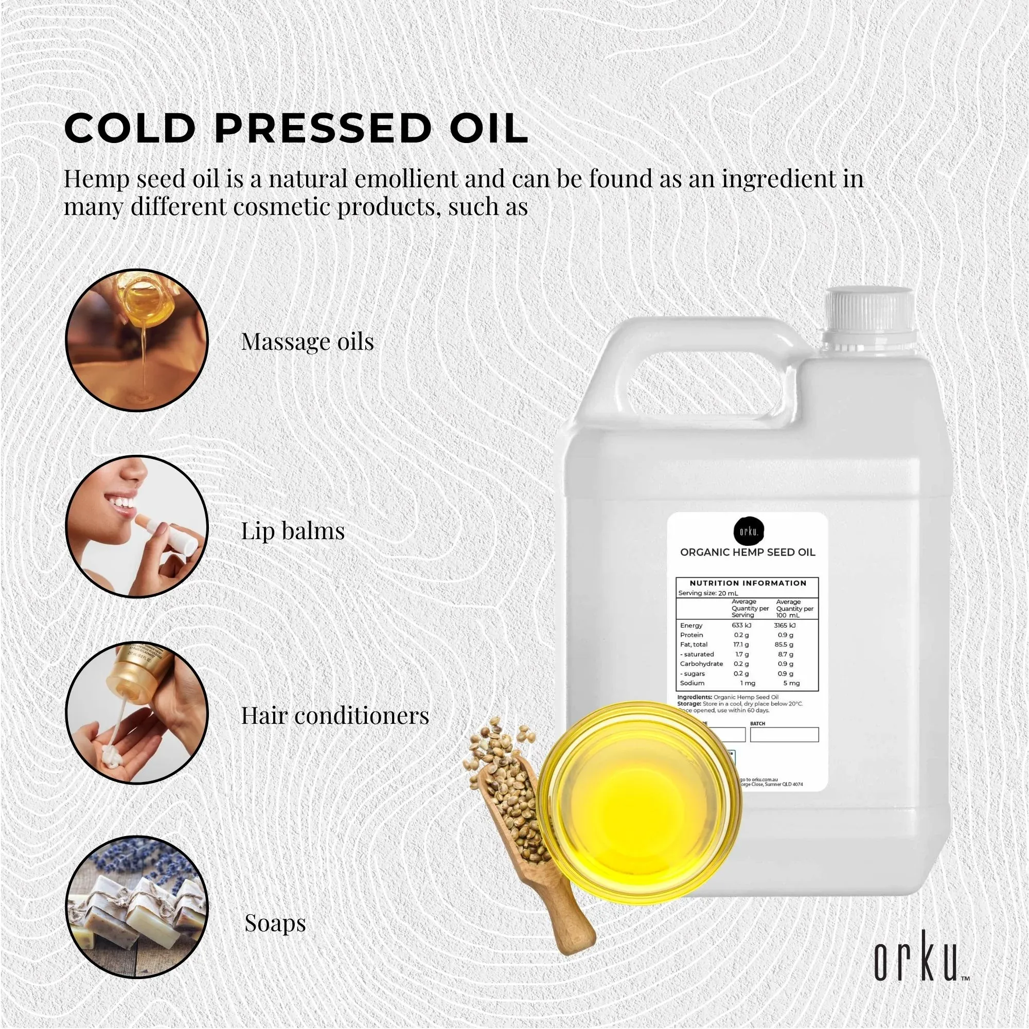 Orku 5L Organic Hemp Seed Oil - Cold Pressed Food Grade Oils — image 3