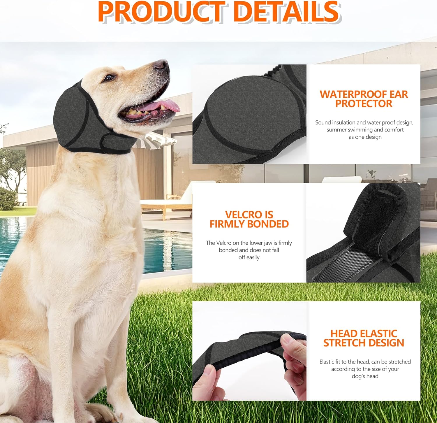 Dog Ear Covers Grey L-Shaped Soundproof No Cap Elastic Waterproof for Hematomas Bathing Drying Swimming Grooming Head Coverage โ image 2