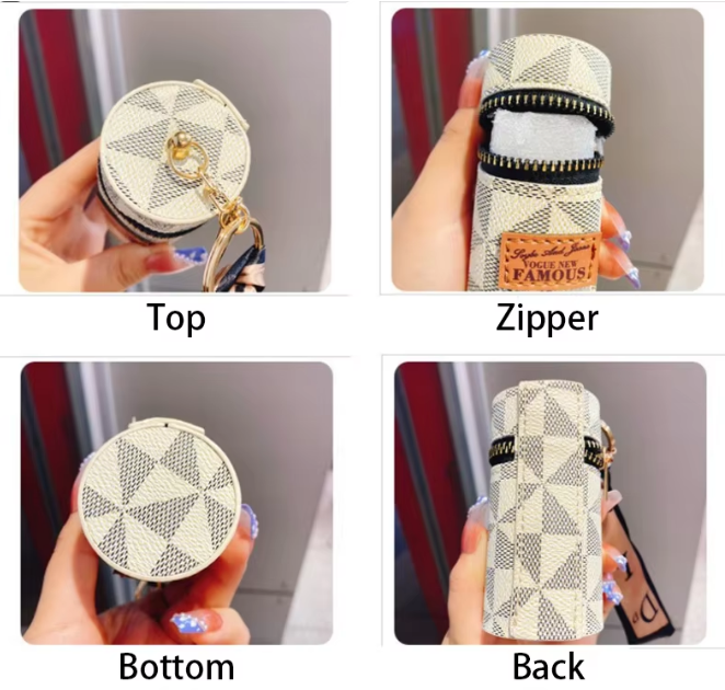 Purple Mini Cylinder Lipstick Case Keychain with Silk Scarf Charm PU Leather Coin Purse Bag Pendant for Earphones Keys Vintage Floral Pattern โ image 2