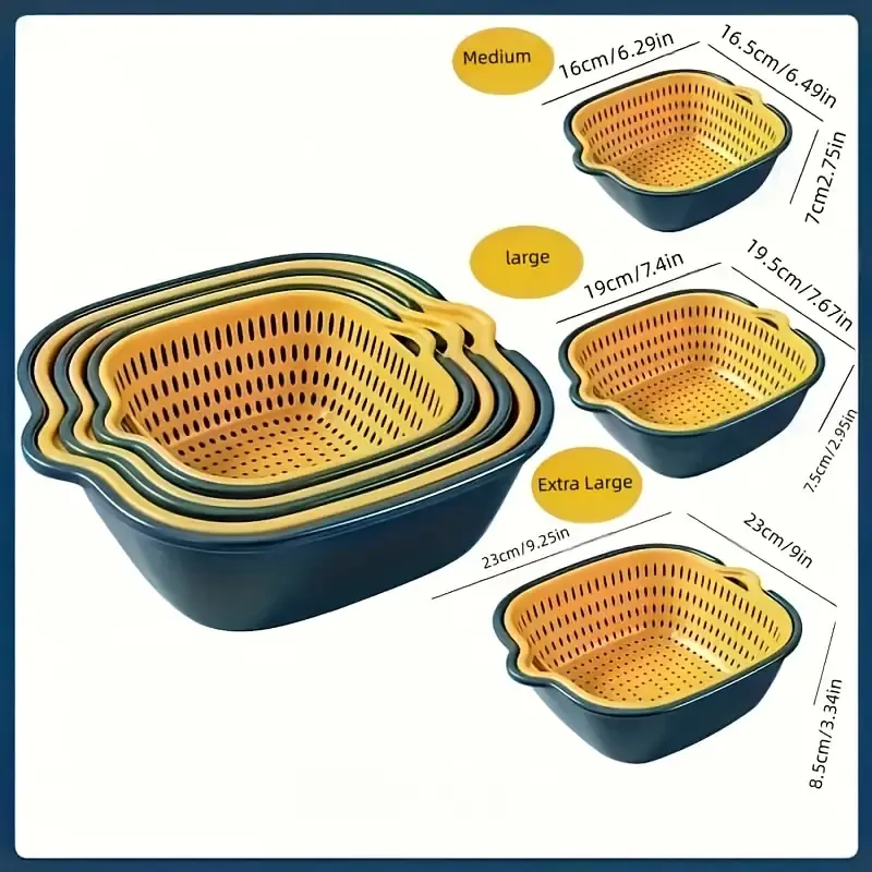 Double layer contrasting color fruit and vegetable drain basket, INS style design for both draining and storage, multiple sizes stackable, healthy PP material โ image 3
