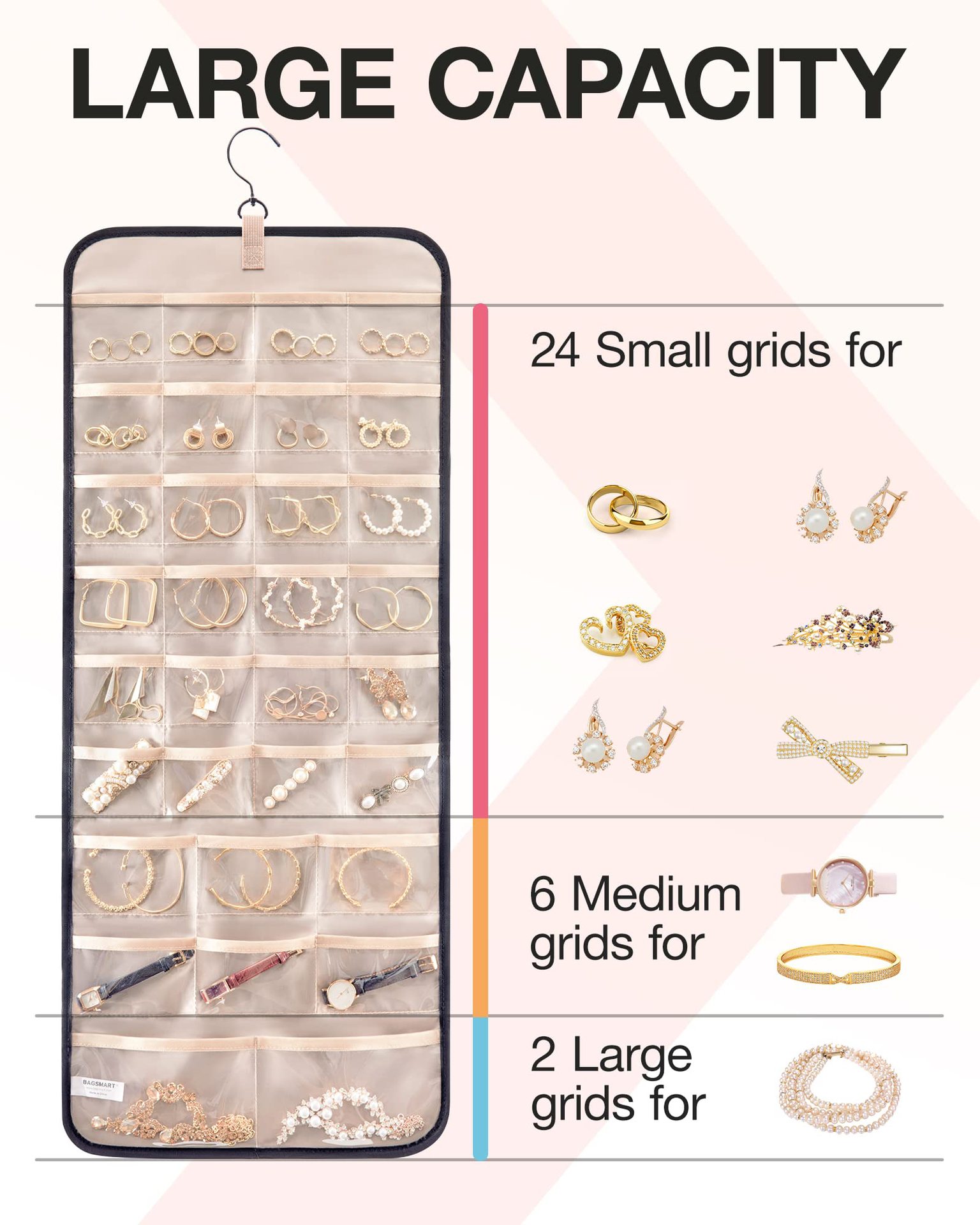 Black Hanging Jewelry Organizer - Closet Storage for Necklaces, Earrings, and Rings with Clear Pockets(14*33inch) — image 3