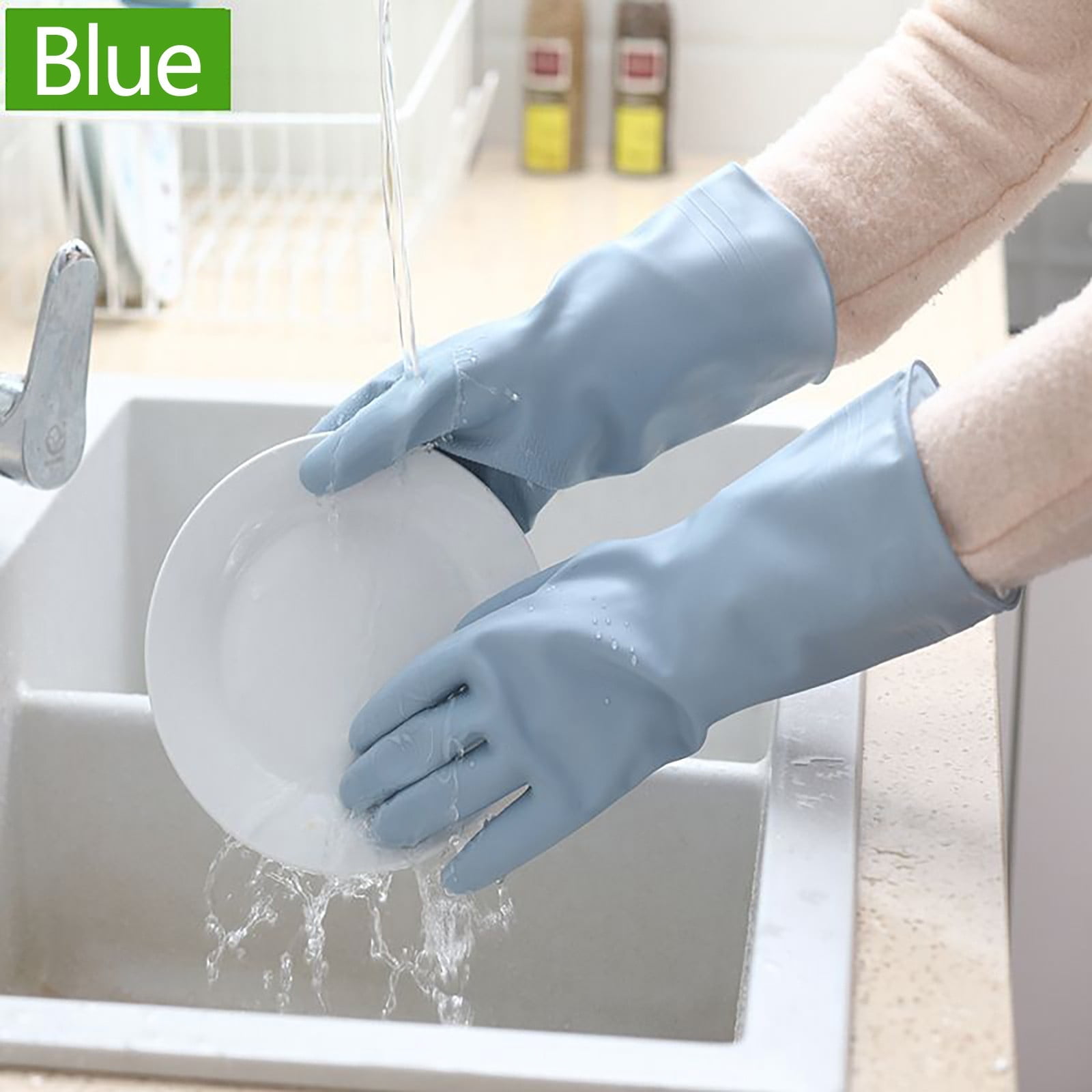 1 Pair Rubber Gloves for Dishwashing Cleaning, Cotton Lined Household Gloves, Waterproof Gloves for Kitchen Bathroom, Reusable, Light blue, Size M โ image 2