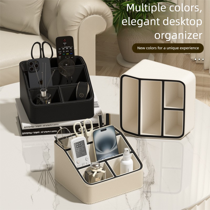 White and Black Stylish PU Leather Desktop Organizer Caddy - Multi-Compartment Holder for Remotes, Office Supplies, Makeup โ image 2