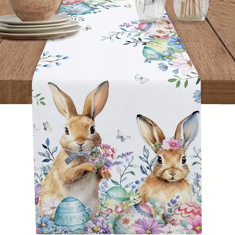 33 × 183 CM Festive Easter Linen Table Runner - Cartoon Bunny Table Runner & Stain-Resistant Primitive Home Decor (Style-1)
