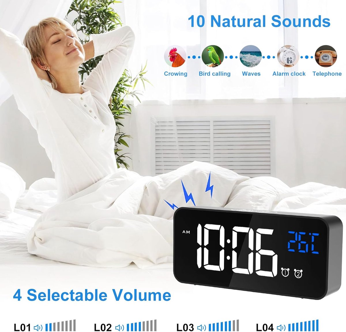 Digital alarm clock, LED digital clock with temperature display, portable mirror alarm clock, 13 alarm tones, USB rechargeable, 4 brightness settings and — image 5