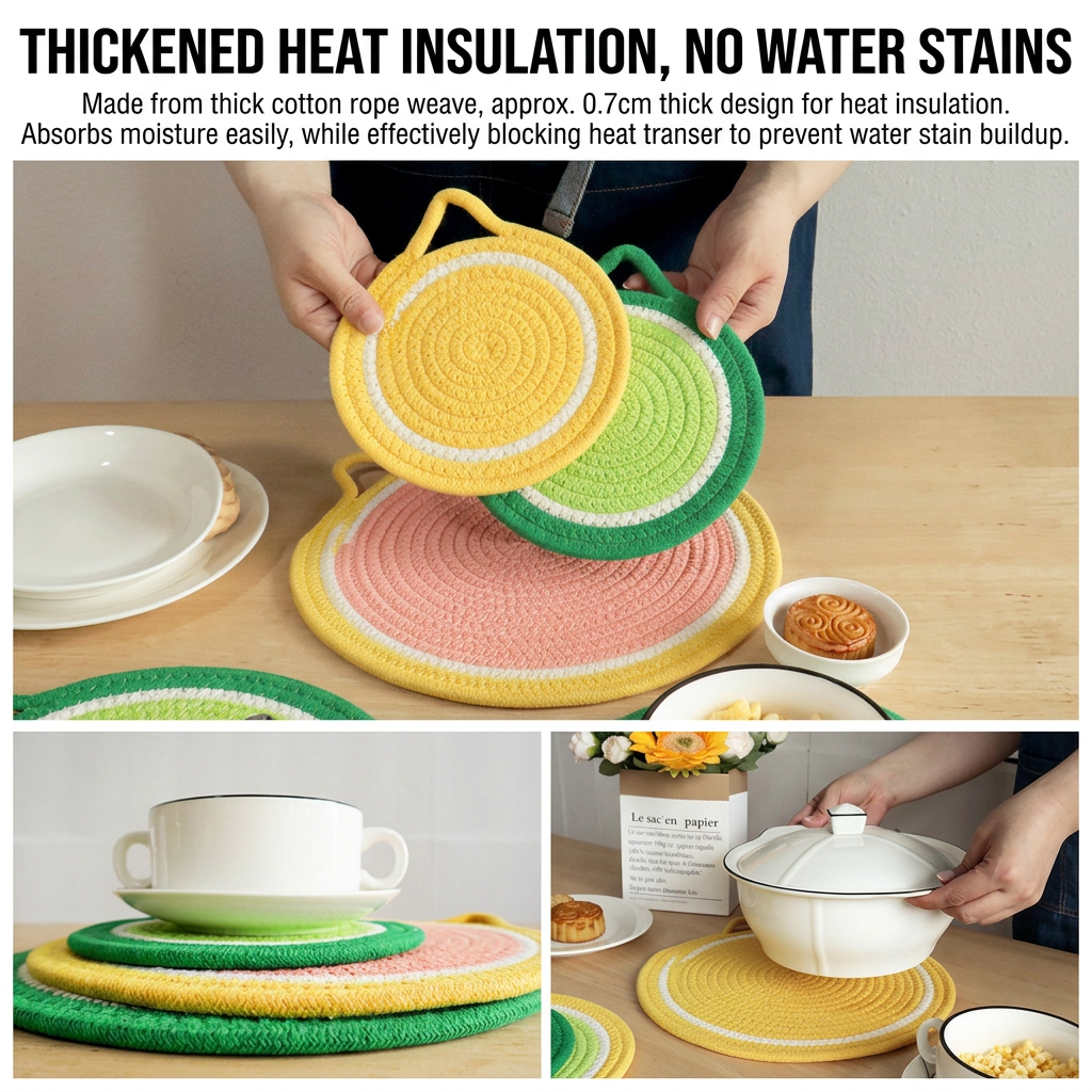3-Piece Grapefruit Inspired Kitchen Heat Resistant Set with 18cm & 30cm Round Cotton Rope Woven Trivets + 1 Pair Duckbill Oven Mitt - Foldable Table Protection — image 3
