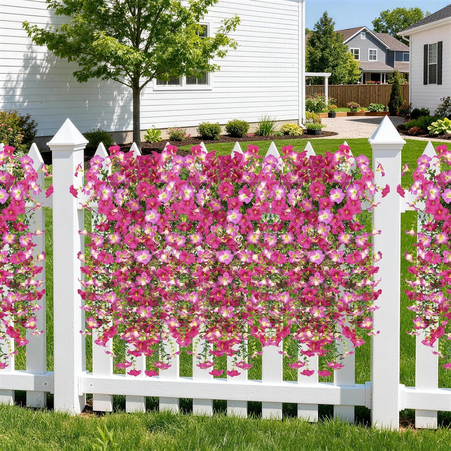 Artificial Fake Hanging Flowers Plants for Outdoor Spring Decoration,2 PCS Faux Silk Morning Glory with Eucalyptus Leaves,UV Resistant Realistic Trailing Vines — image 4