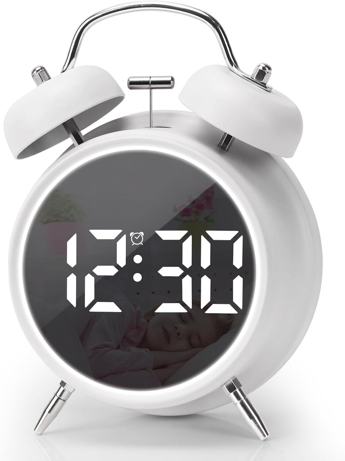 Digital Small Alarm Clock, Double Bell Electronic LED Alarm Clock, Plug in or Battery Operated Silent Metal Table Clock, Bedside Loud Bell Clock for Heavy