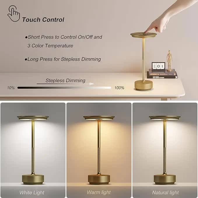 Silver Elegant Aluminum Alloy Rechargeable LED Touch Lamp - 3-Color Dimmable Cordless Table Light โ image 3