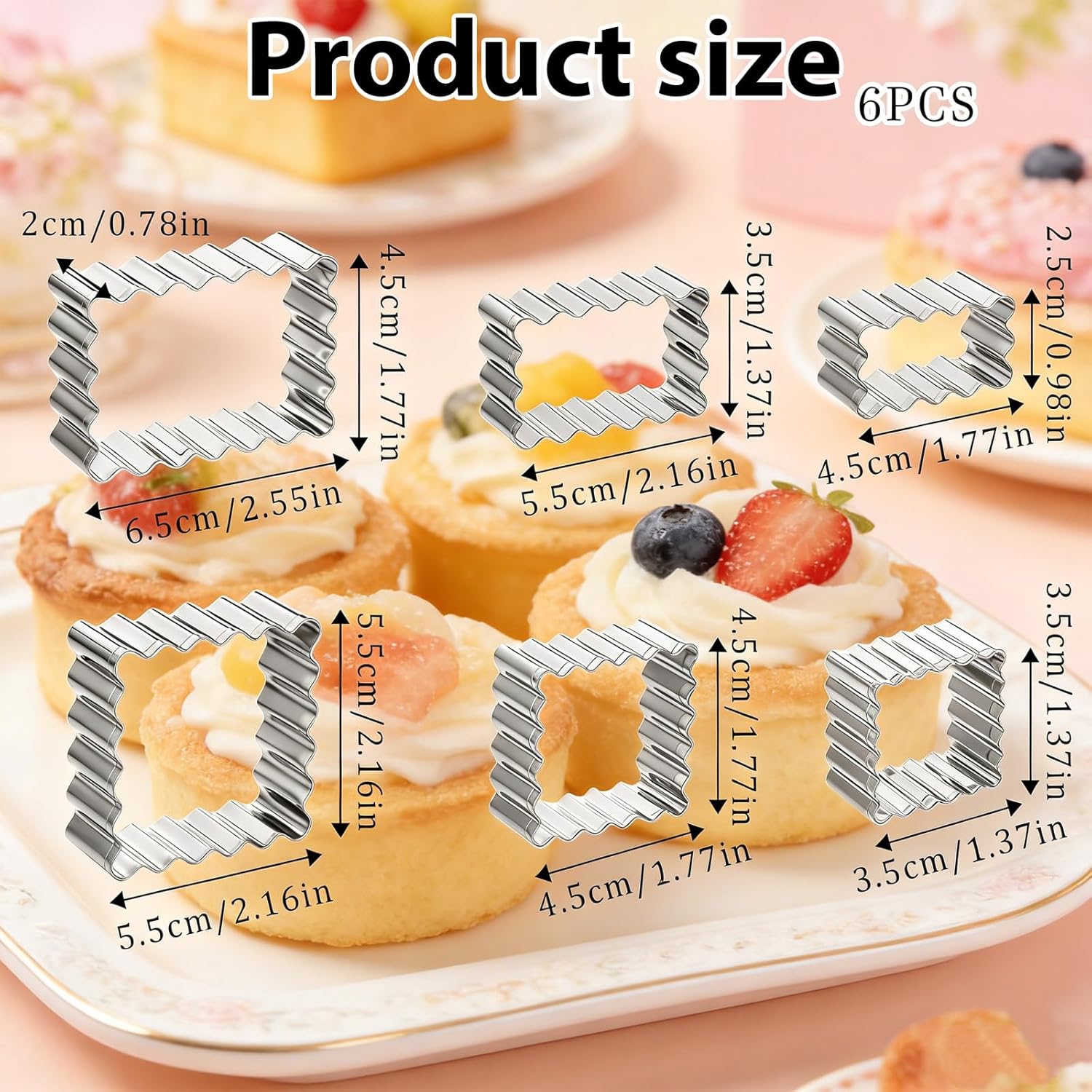 6 Pcs Scalloped Cookie Cutter Set, Square Cookie Cutter, Wavy Rectangle Cookies Cutters Set Scalloped Cutters Reusable Cookies Mold with Jagged Edge Design for