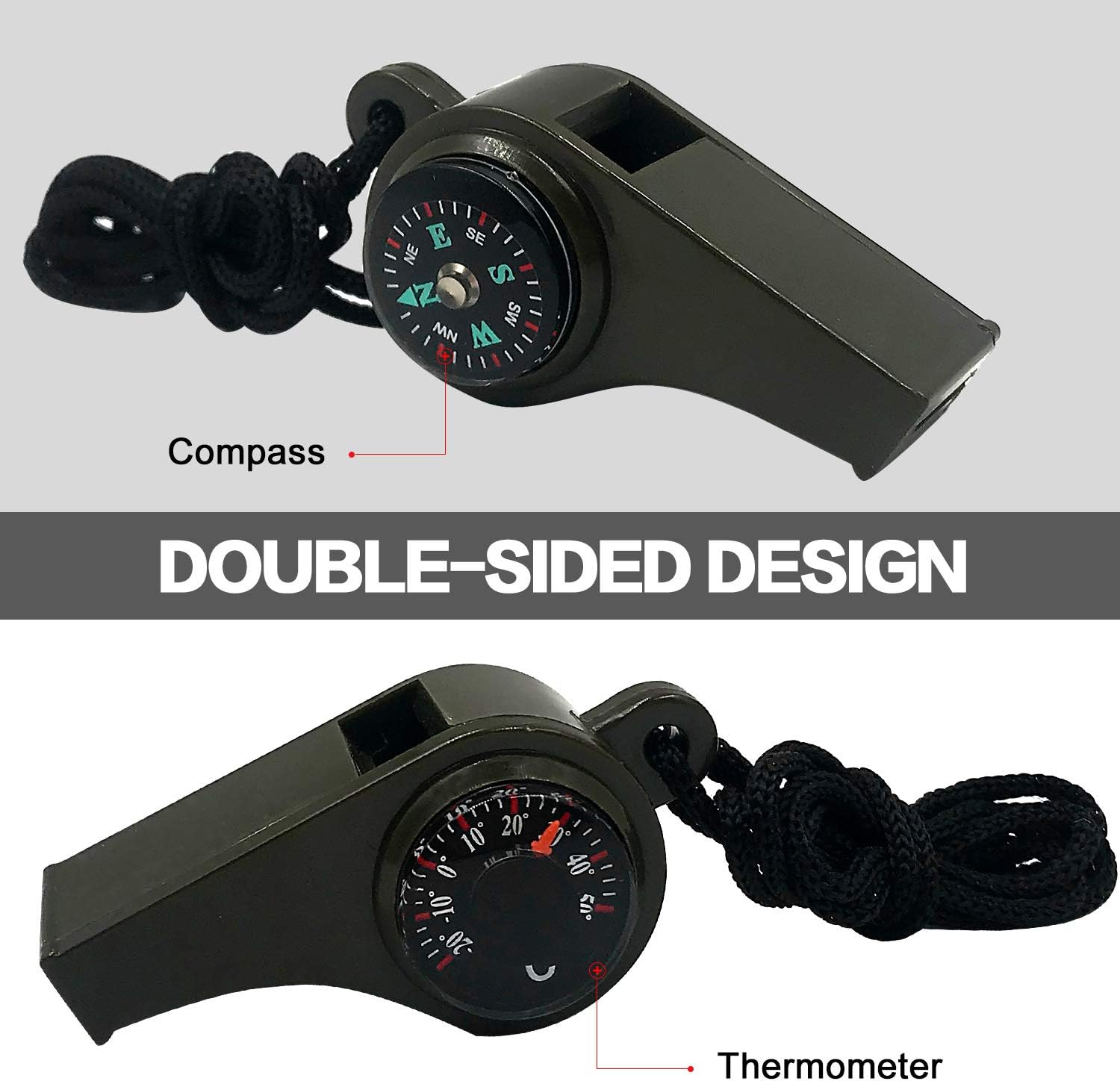 2 Pack 3-in-1 Emergency Whistles with Compass, Thermometer and Lanyards for Hiking, Camping and Outdoor Safety, Black — image 3