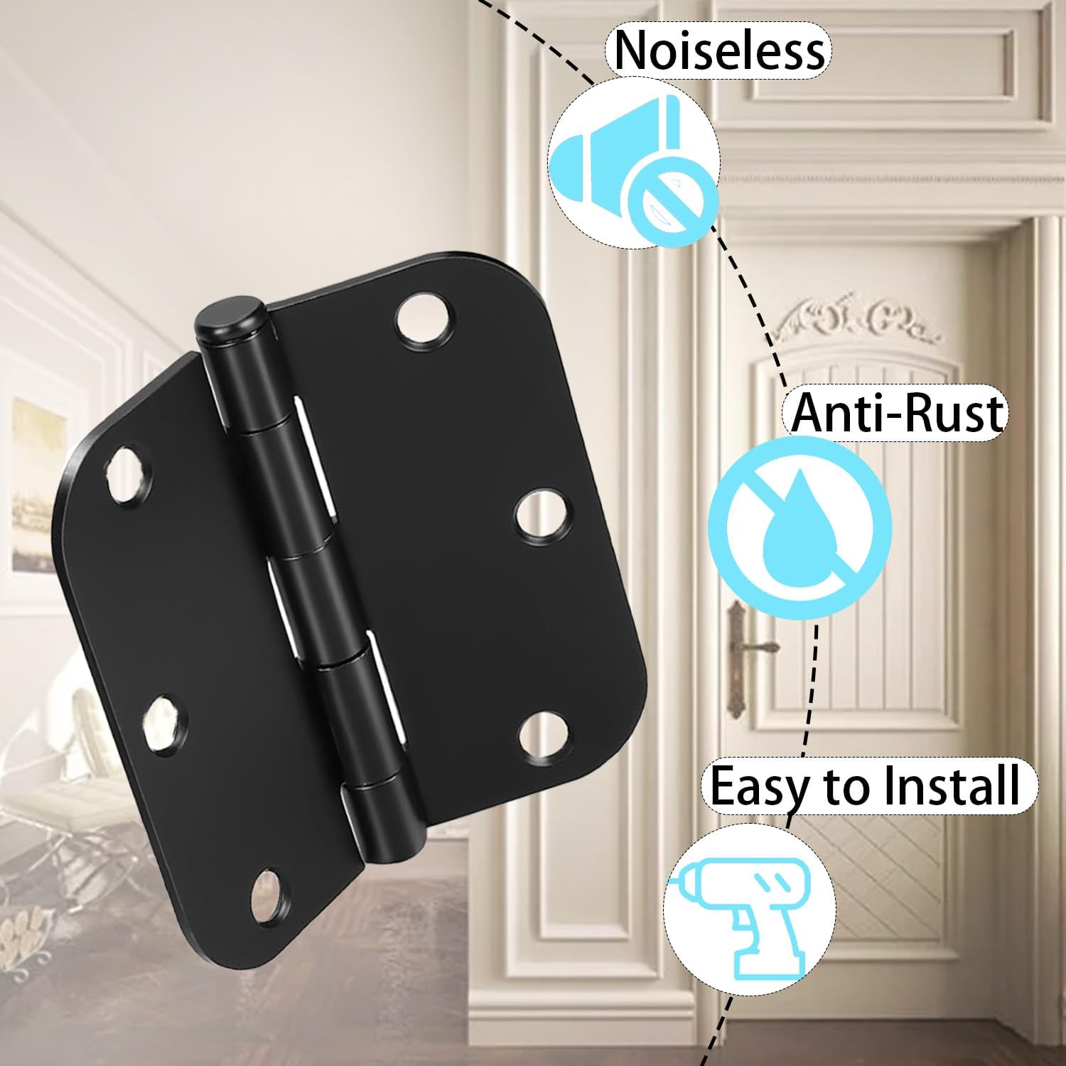 20 Pack Matte Black Door Hinges 3x3 Inch Standard Bedroom Door Hinge,Black Hinges for Interior Doors Rounded 5/8" Radius Corners Iron Hinge Door Round Hinge — image 6