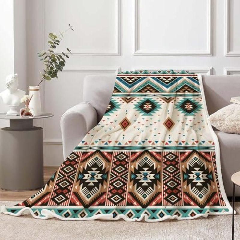 Boho Aztec Flannel Throw Blanket, Southwest Geometric Pattern for Sofa Bedroom Decor, White(130x150cm) โ image 6