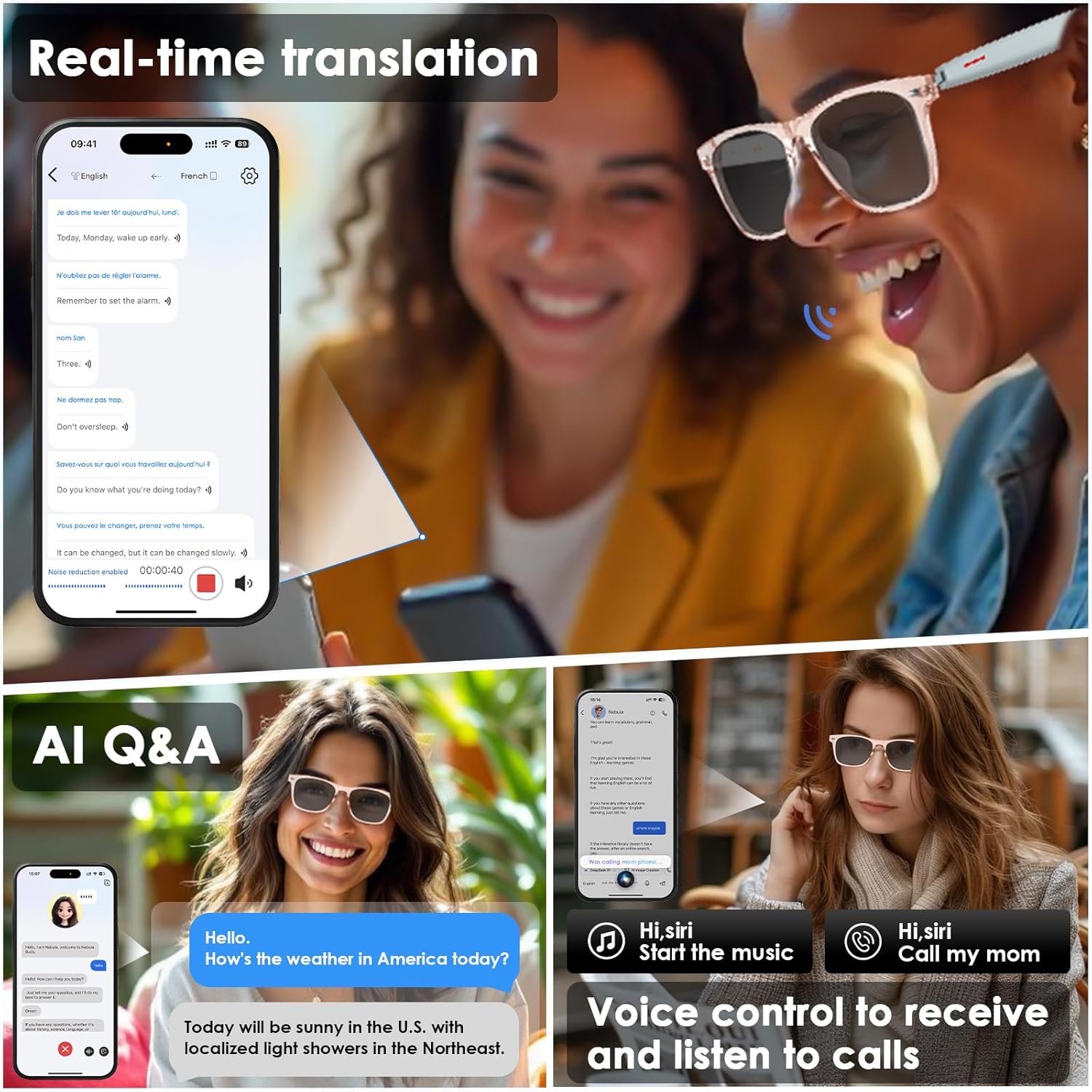 AI Smart Translation Sunglasses: UV400, Bluetooth, 110+ Languages, Voice Control – Ideal for Travel & Work (Pink) — image 3