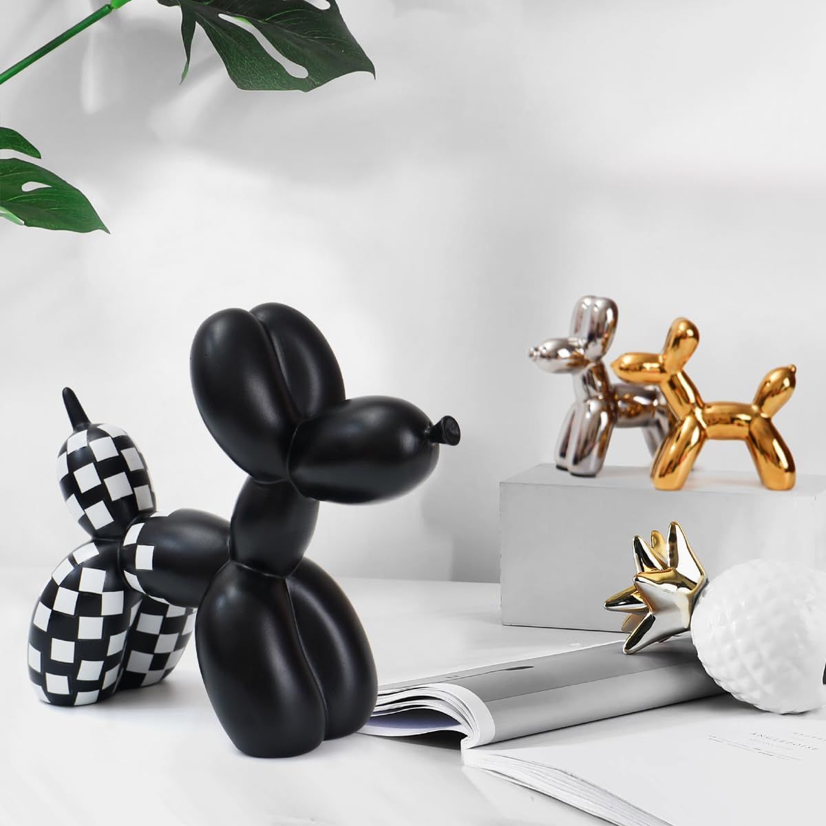 Black and White Checkered Racing Car Pattern Balloon Dog Statue Crafts Living Room Desktop Decorations,Handmade Modern — image 4