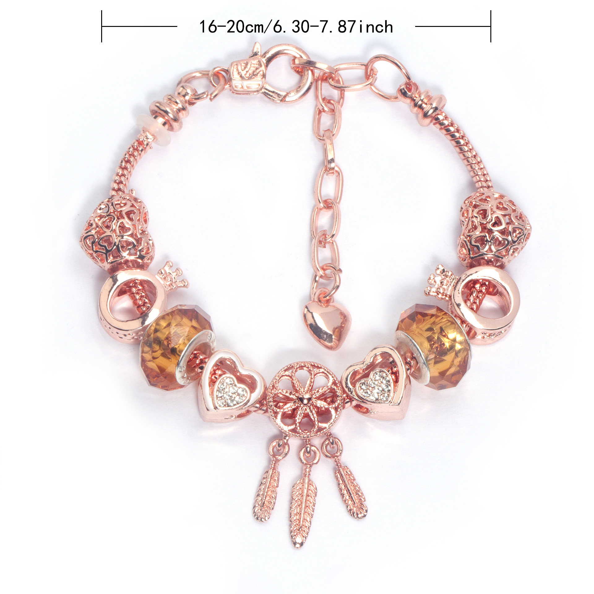 Rose Gold Plated Charm Bracelet with Zircon, Hollow Heart, Flower, Crown & Glass Beads(19cm) โ image 2