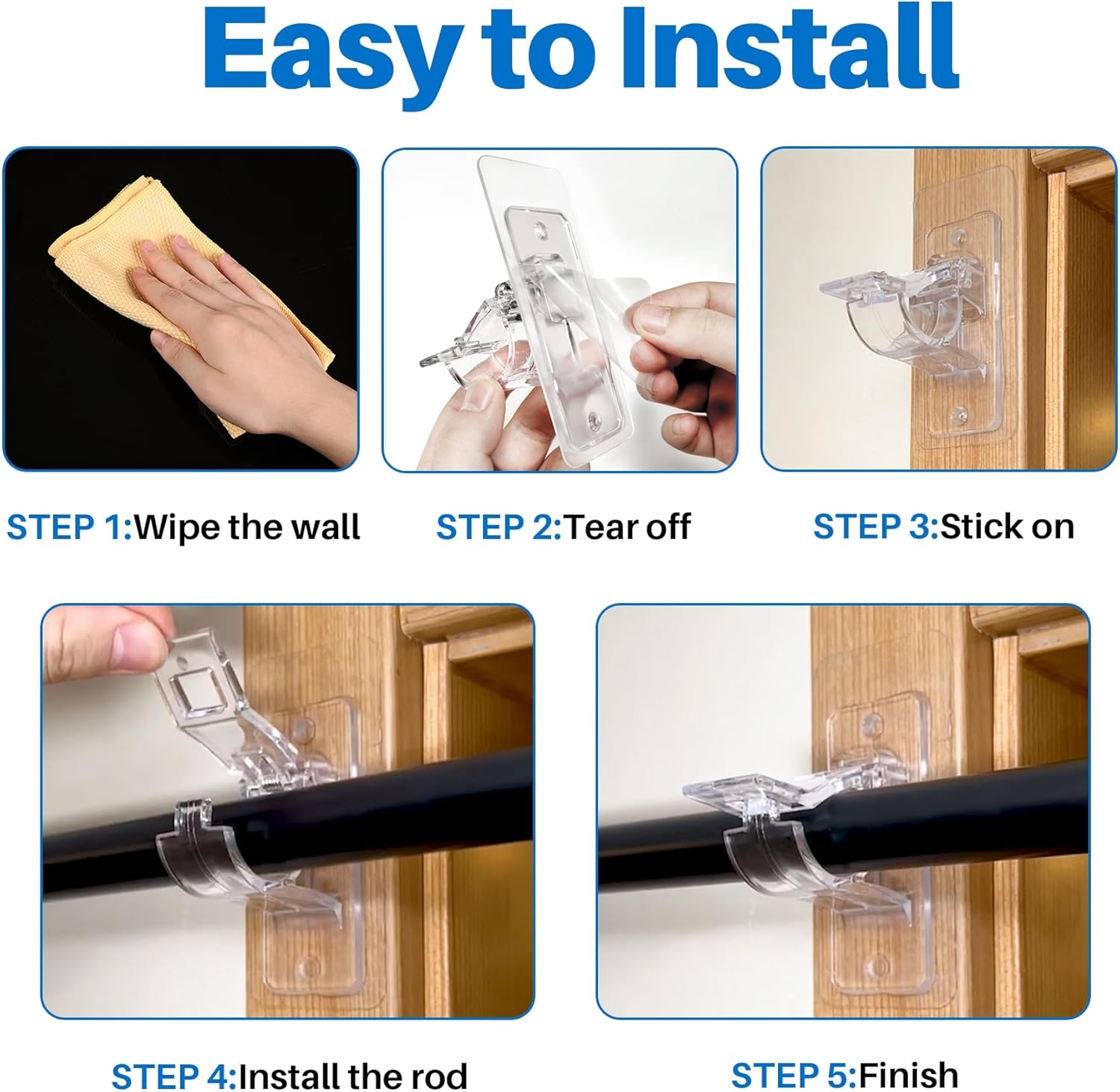 6-Pack No Drill Needed Curtain Rod Holders, Self Adhesive Rod Brackets for Smooth Walls, Multipurpose Nail-Free Stick on Curtain Rod Hooks, Screw Mount Curtain — image 5