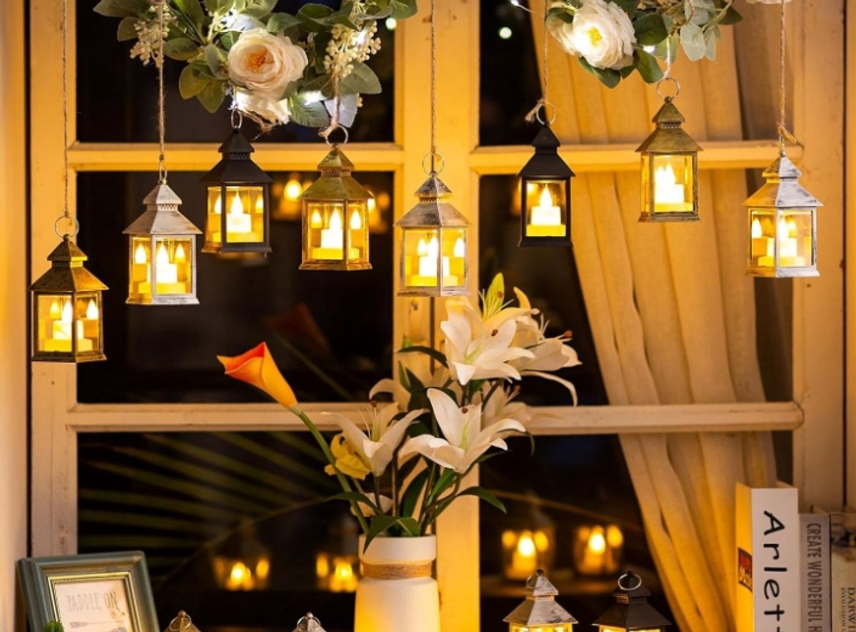 Decorative black lanterns for outdoor tables - Set of 2 mini LED metal lanterns for Halloween, weddings, Ramadan, gardens, Christmas, balconies, indoor and — image 5