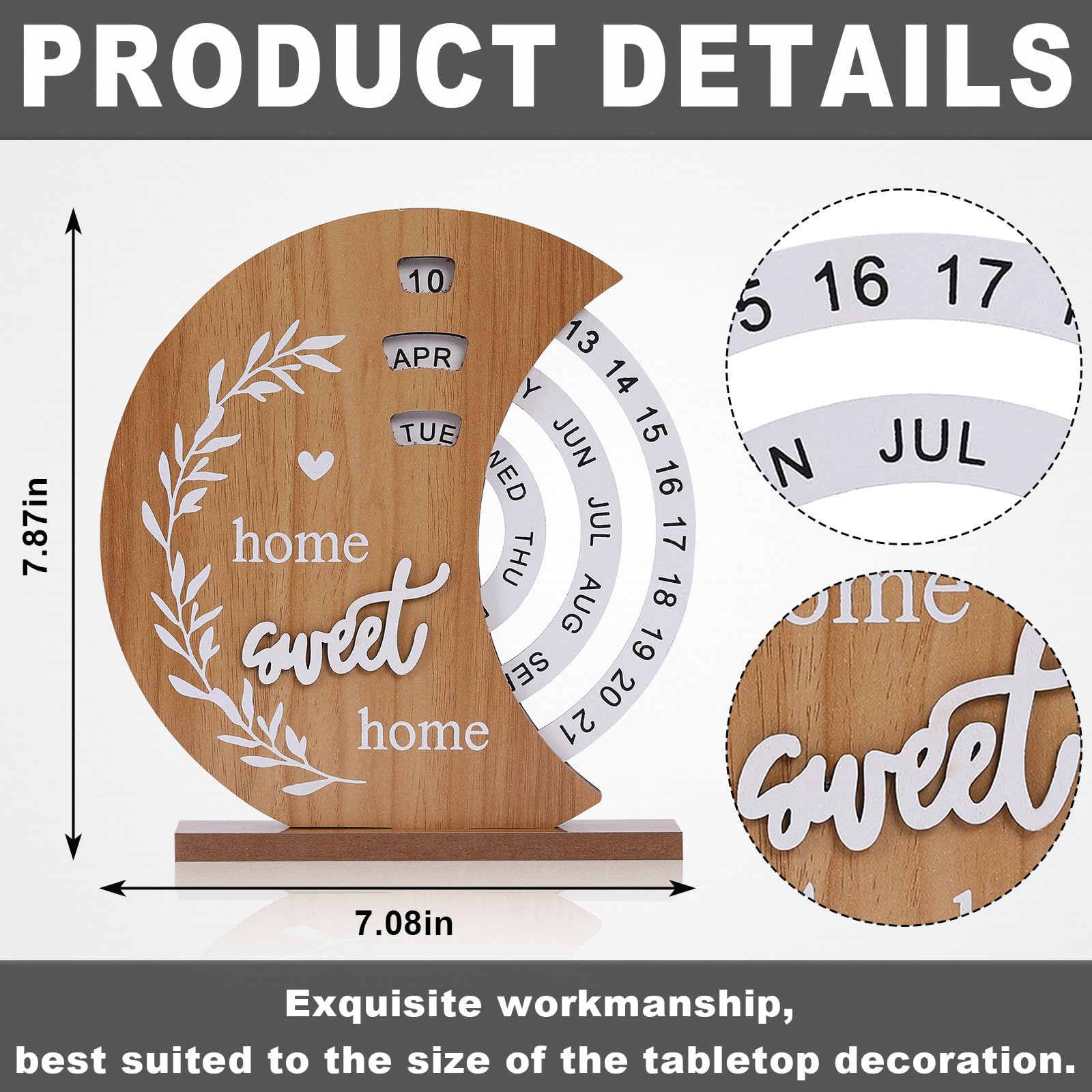Wooden Perpetual Calendar with Rotating Discs – Elegant Desk Decor for Home & Office, “Home Sweet Home” Design (Natural Wood) — image 2