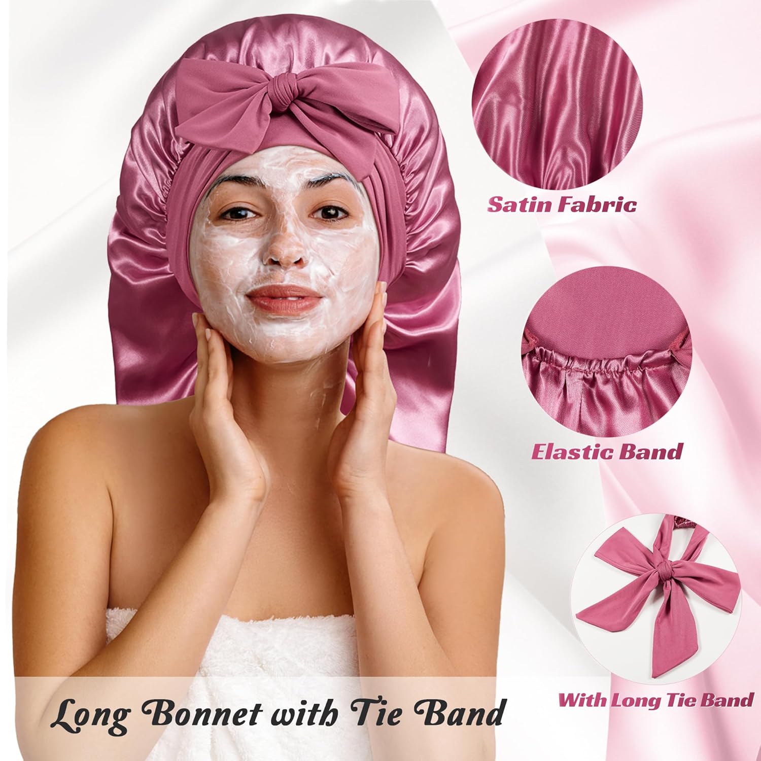 Long Bonnet with Tie Band, Satin Hair Silk Bonnet for Sleeping Women, Sleep Bonnets for Women, Double Layer Silky Sleep Cap for Curly Hair Braids — image 2