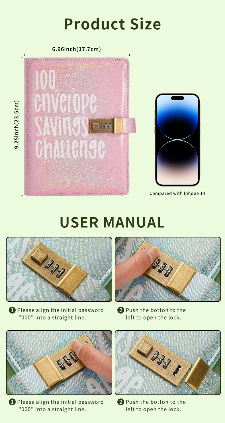 100 Envelope Savings Challenge Binder with Password Lock Holographic Yellow A5 Cash Stuffing Budget Planner Book Money Organiser for Couples (Glitter โ image 5