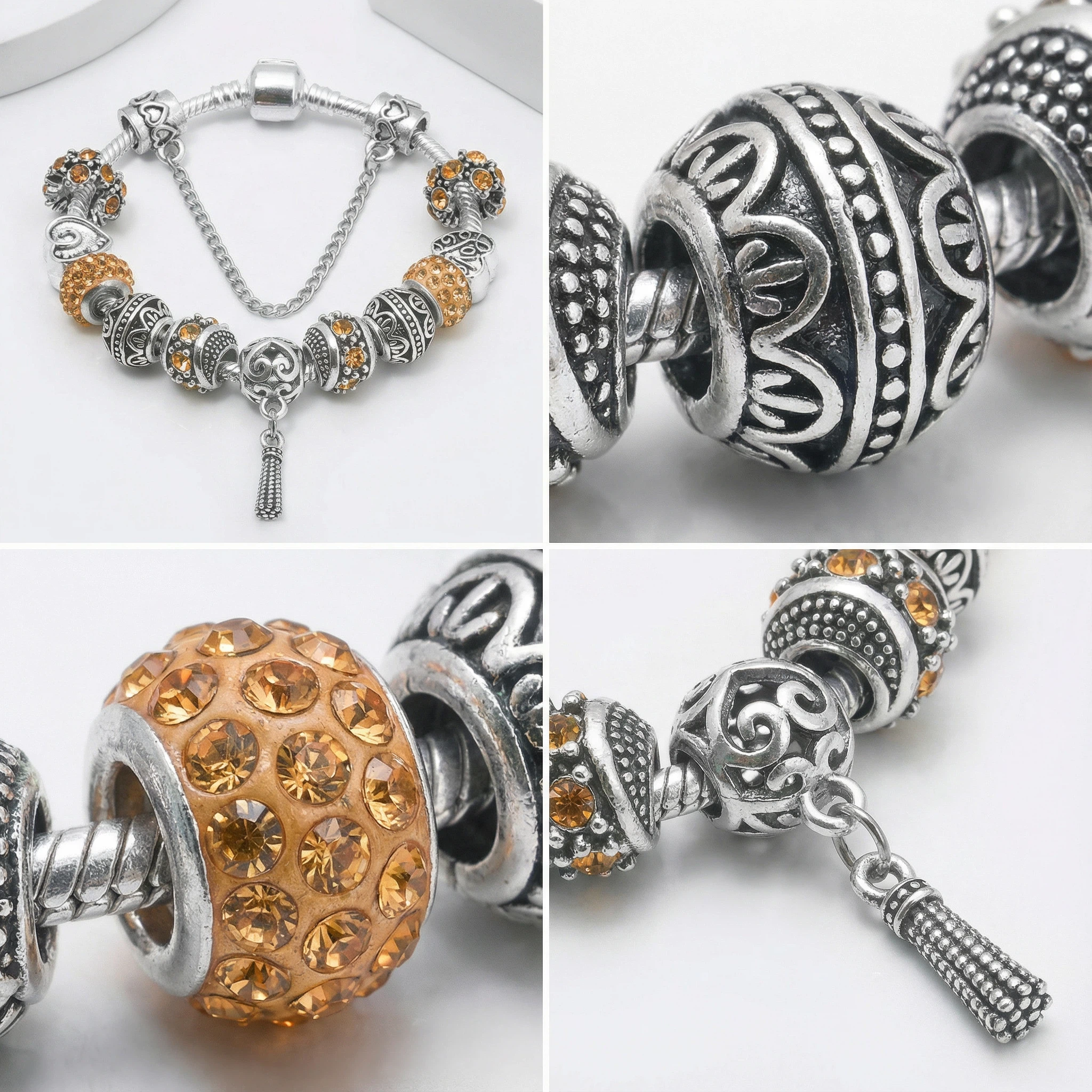 Women’s Vintage Silver-Plated Charm Bracelet - Crystal-Embedded Hollow Carved Multi-Bead Fashion Jewelry(orange-17cm) — image 2