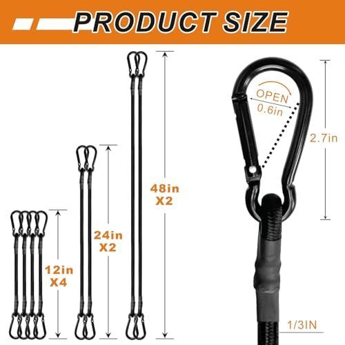 Bungee Cords with Carabiner Hooks Heavy Duty, Outdoor Black Bungee Straps, Strong Industrial Grade Elastic Bungee Rope for Securing Tarps, Luggage — image 4