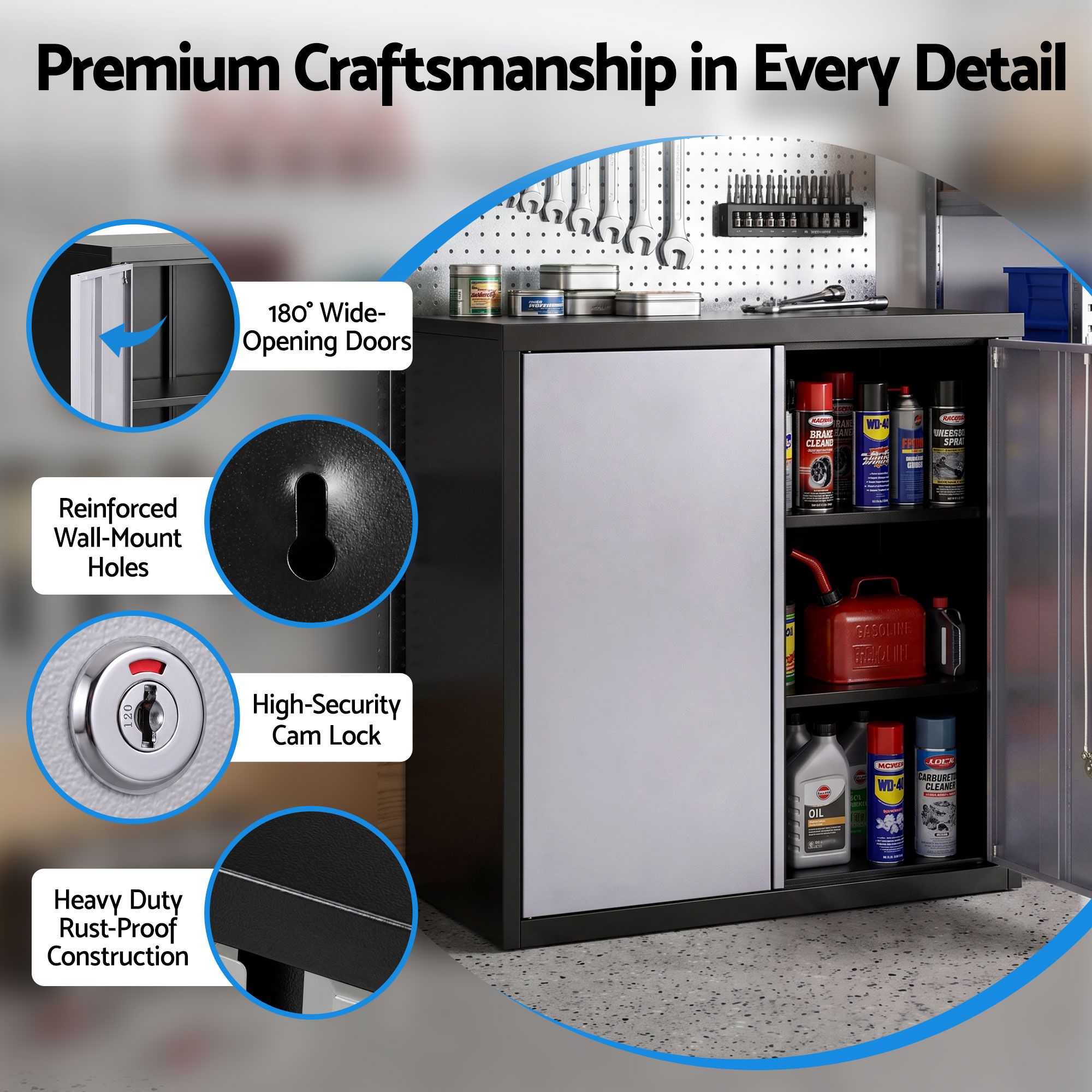Giantz Steel Tool Cabinet Wall Mount Adjustable Shelf Garage Storage Lockable Black Grey — image 3