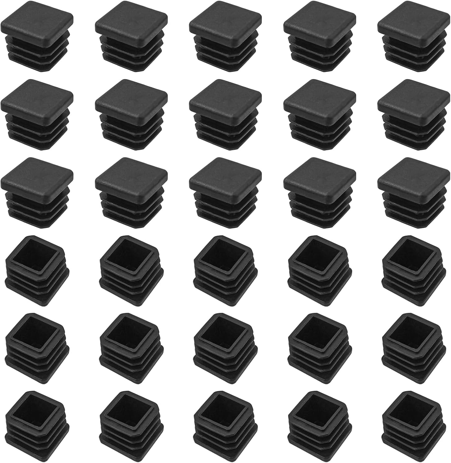 30 Pack Square Tube Insert Caps, Plastic Furniture and Chair Leg End Plugs for Square Tubing, Black, 20 × 20 mm