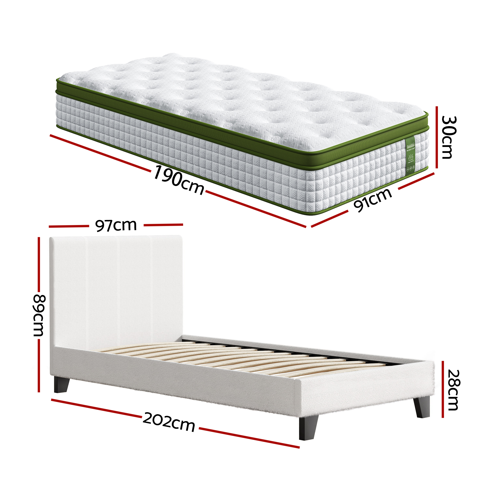 Artiss Single Bed Frame with Hybrid Mattress Set 30cm Medium Firm Platform Headboard Boucle Upholstered Pocket Coil for Pressure Relief — image 2