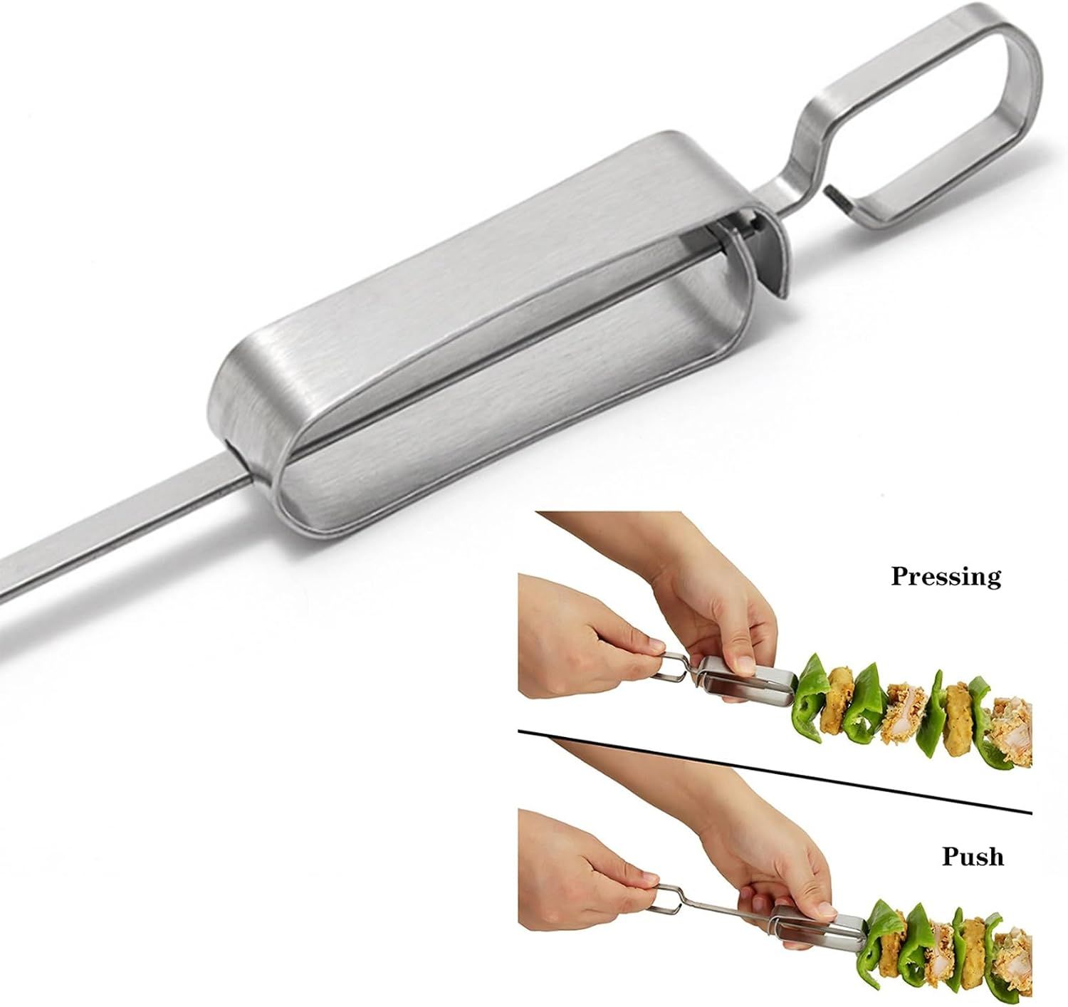 Kabob Skewers with Storage Bag, Stainless Steel Grilling Skewers, Push Bar Skewer Stick, Reuse for Meat Shrimp Chicken, 10pcs (Size: 45.3cm) โ image 4