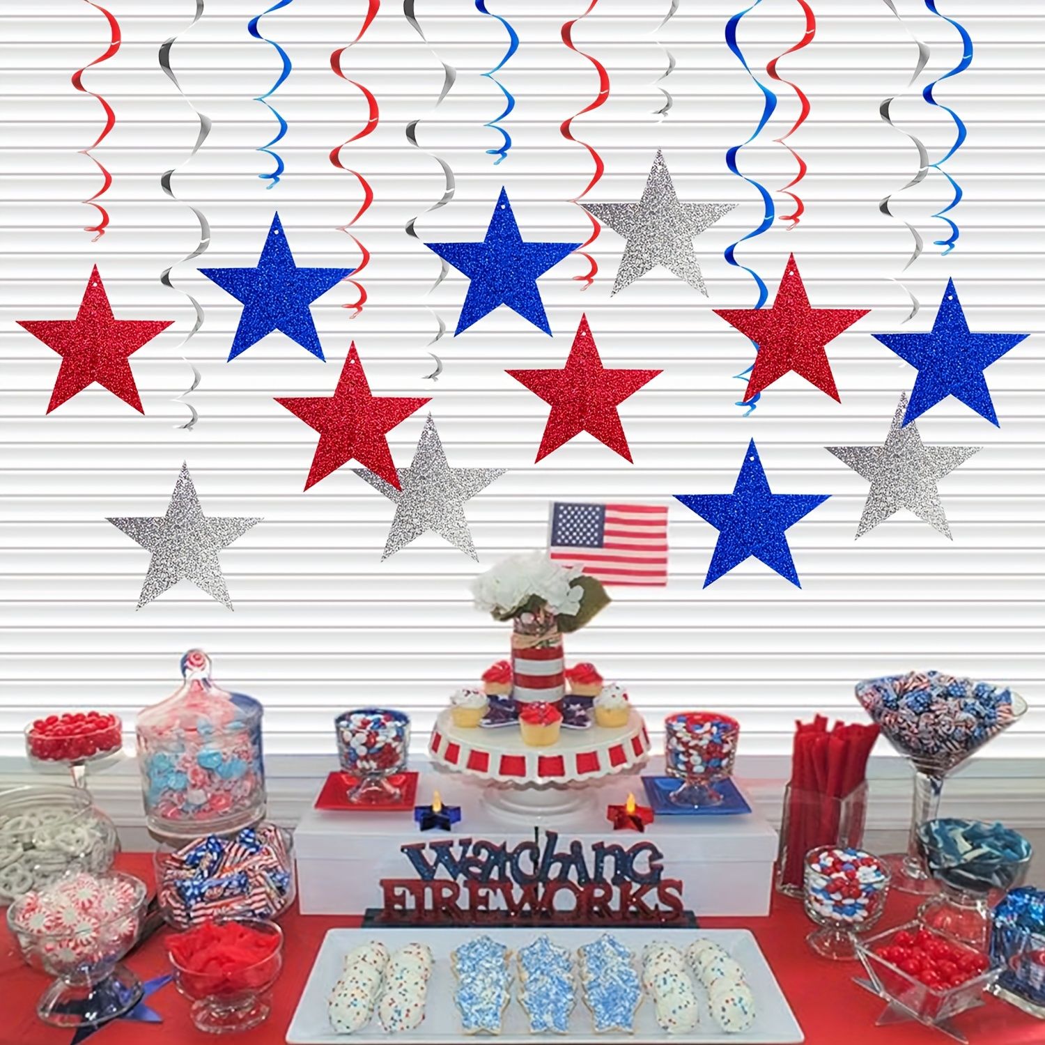 12pcs American Flag Star Garland, Patriotic Red White Blue Spiral Hanging Decorations for Independence Day, Memorial Day, Veterans Day, Home Party, 12pcs/Set — image 2