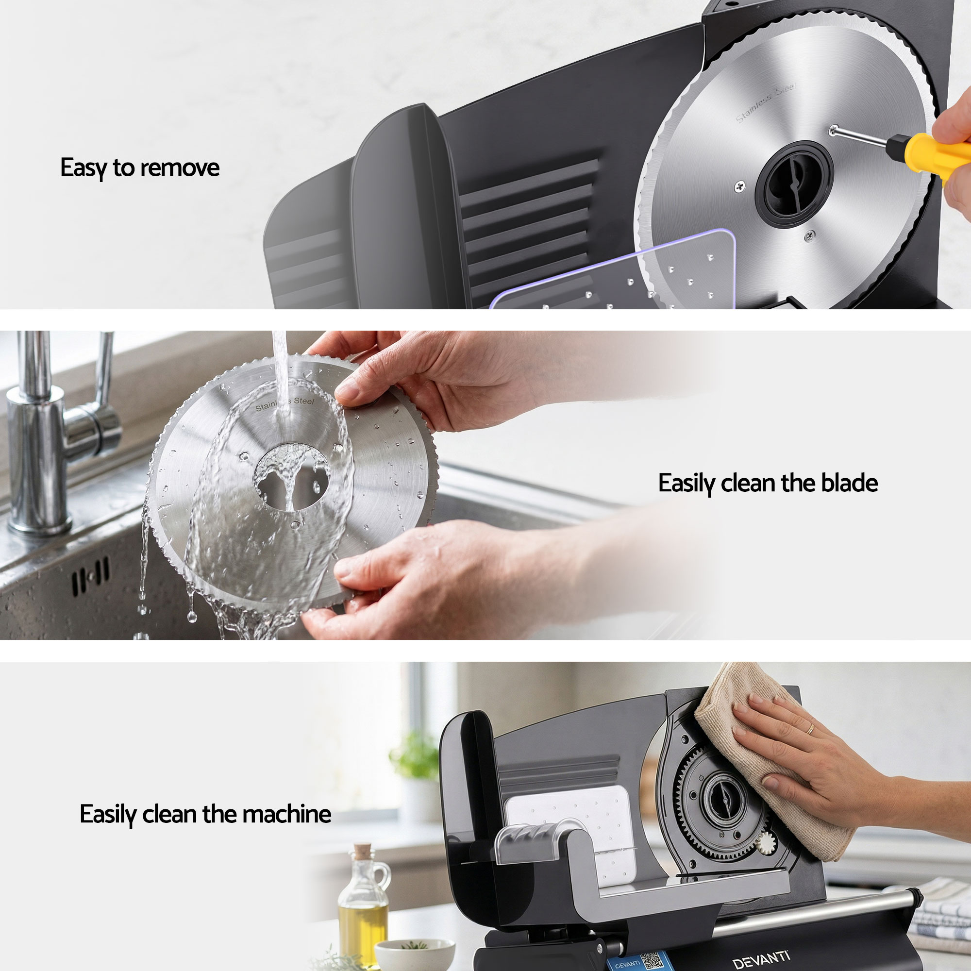 Devanti Meat Slicer Bread Vegetable, 200W Power 0-15mm Adjustable Easy Clean Stable Stainless Steel Blade Food Slicer for Kitchen Commercial, Black — image 6