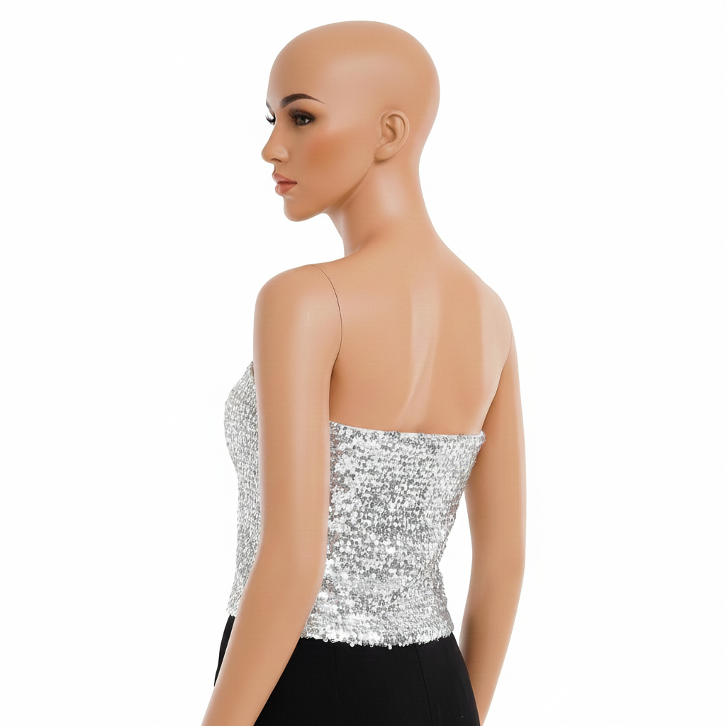 Womens SEQUIN BANDEAU CROP TOP Sparkling Sparkly Costume Tube - Silver — image 3