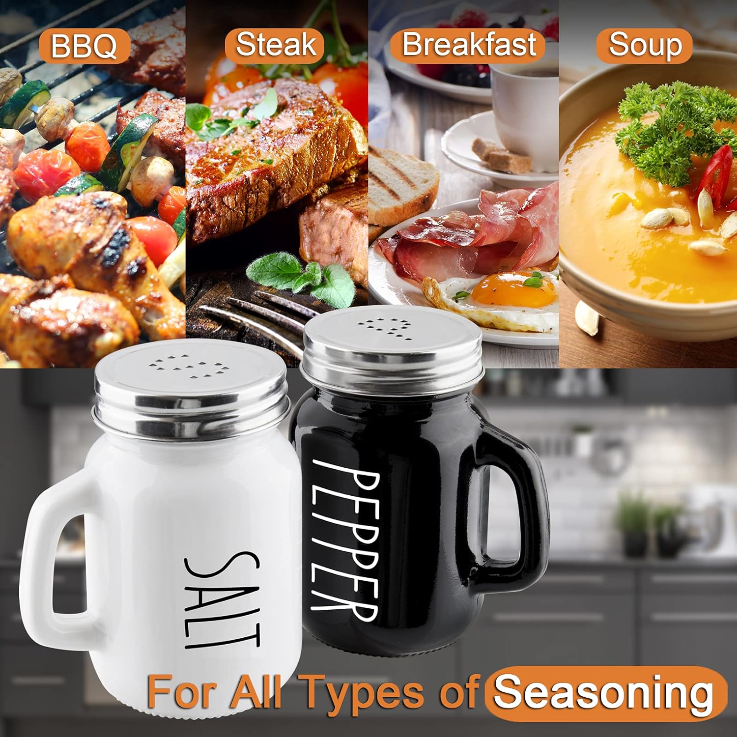 Salt and Pepper Shakers Set, 4 oz Cute Salt Pepper Shaker, Kitchen Decor for Home Restaurants Wedding, Glass Black White Shaker Sets with Stainless Steel Lids — image 5