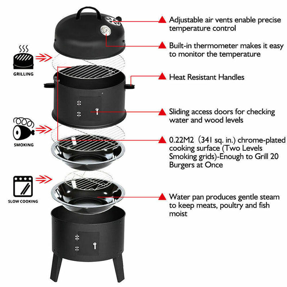 NEW 3in1 Portable Charcoal Vertical Smoker BBQ Roaster Grill Steel Water Steamer — image 5