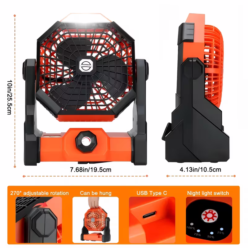 A portable outdoor camping fan with adjustable brightness, LED light strip hook, USB rechargeable, built-in 7800mAh battery for long battery life — image 5