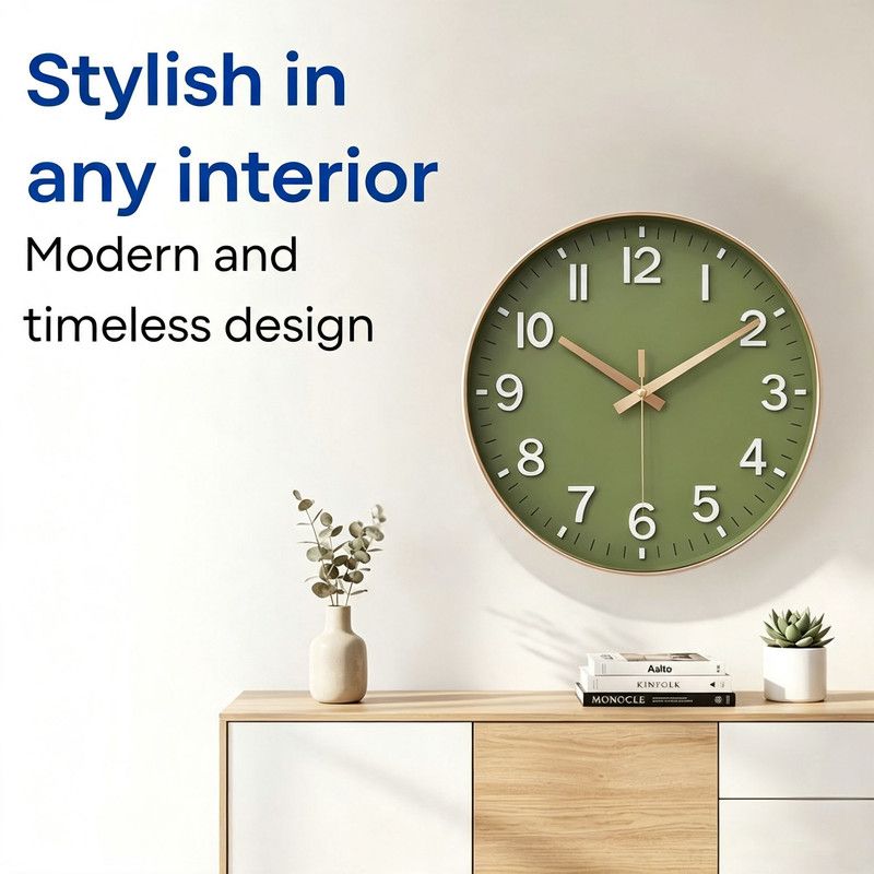 30 cm Modern Green Wall Clock with Rose Gold Frame, Silent Analog Quartz Movement — image 3