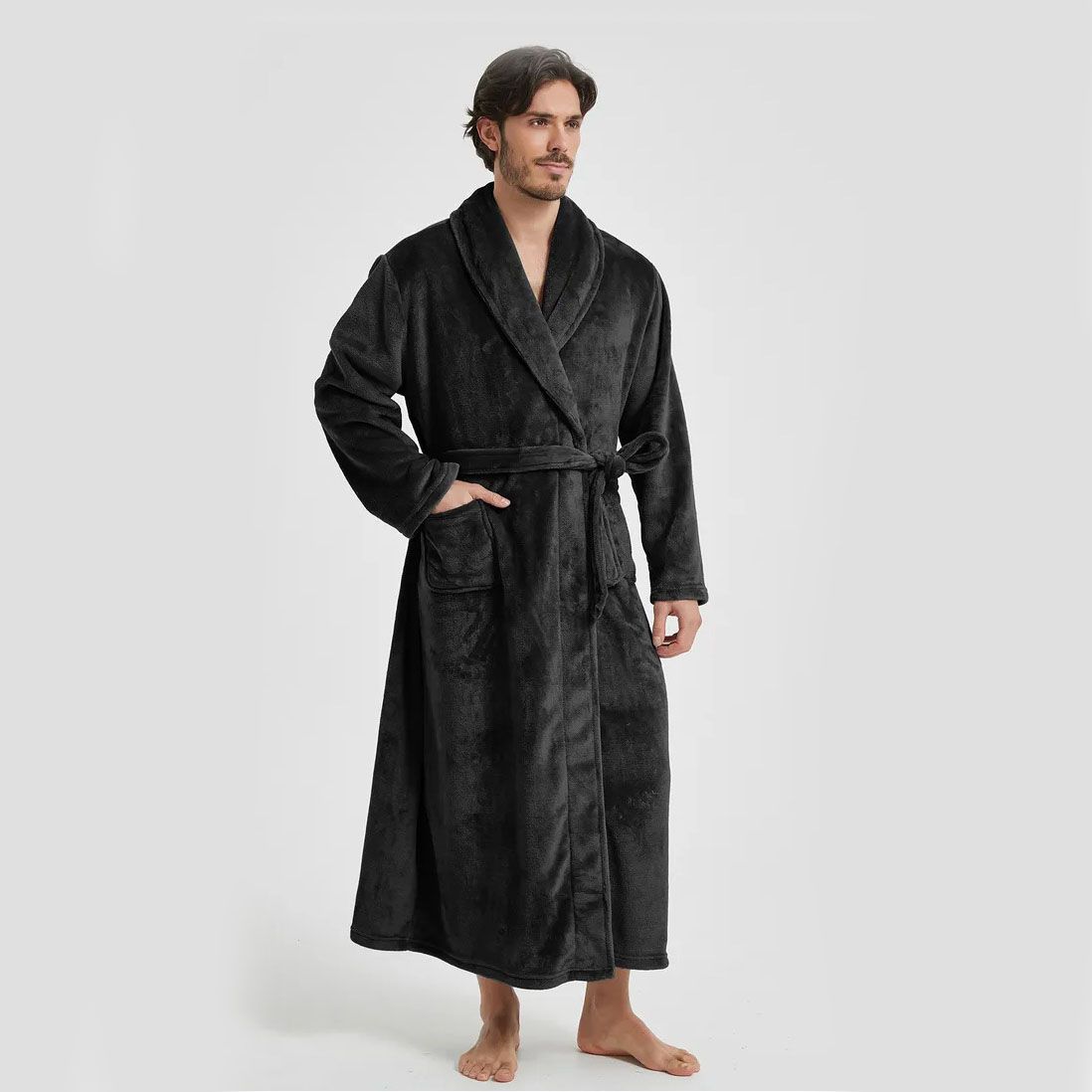 Men's Flannel Bathrobe Black M Size - Soft Coral Fleece Hooded Kimono Collar Dressing Gown Loose Fit Warm Comfortable Loungewear Home Spa Easy Care Machine — image 2