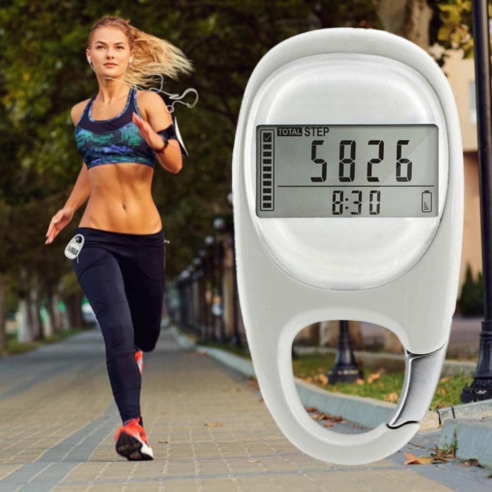 3D Pedometer with LED Display for Running and Walking, Portable Step Counter with Climbing Carabiners, White — image 2