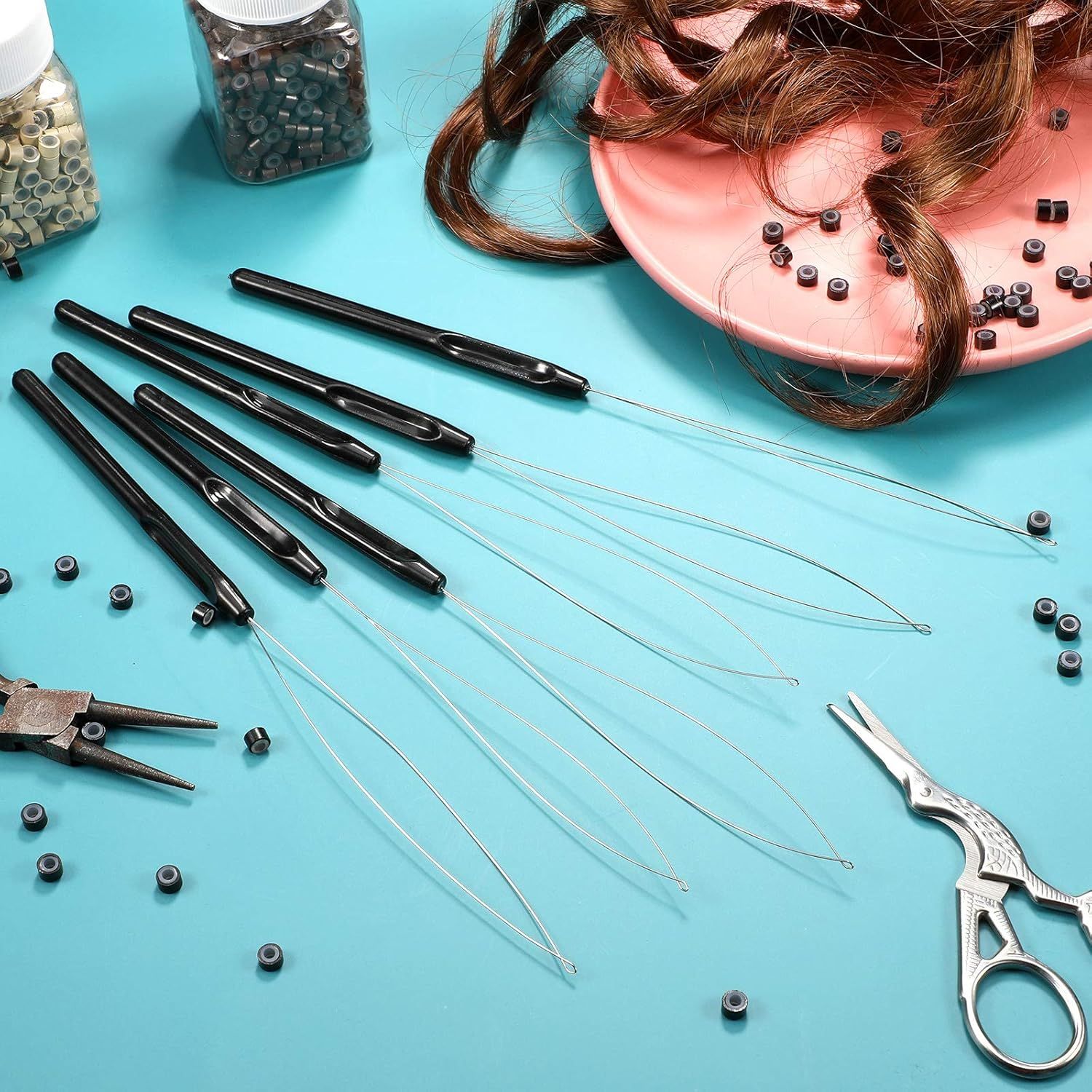 10 Pieces Hair Extension Loop Needle Threader Pulling Hook Tool and Bead Device Tool Black Loop Threader for Hair or Feather Extensions (Black) โ image 6