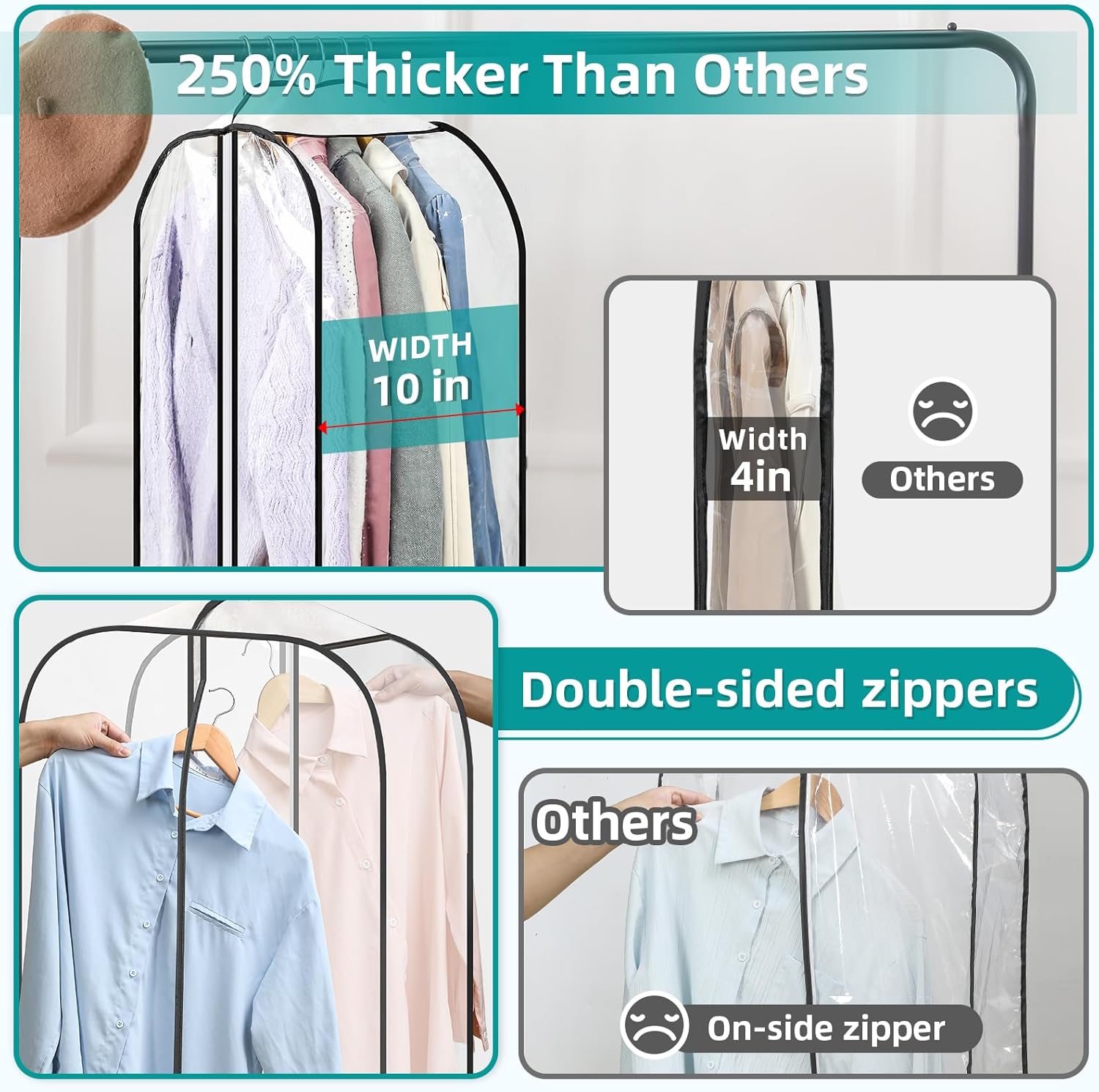 LANDNEOO 6 Pack Clear Garment Bags for Hanging Clothes with Zippers on Double Sides - 10'' Clothes Storage for Coat, Dress, and Fur in Closet - 32&40&60" Long — image 4