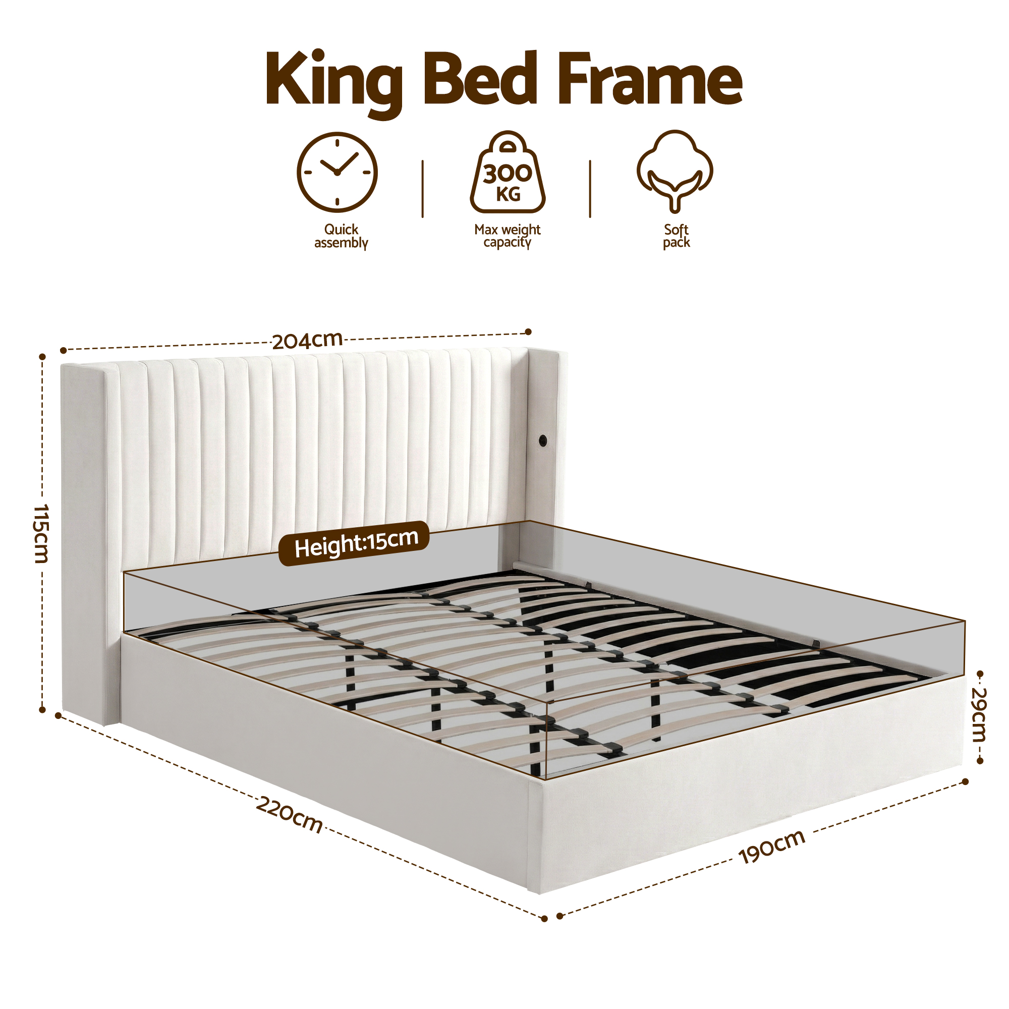 Artiss King Bed Frame with Gaslift Storage USB Type-C Charging Ports Velvet Upholstery White — image 2