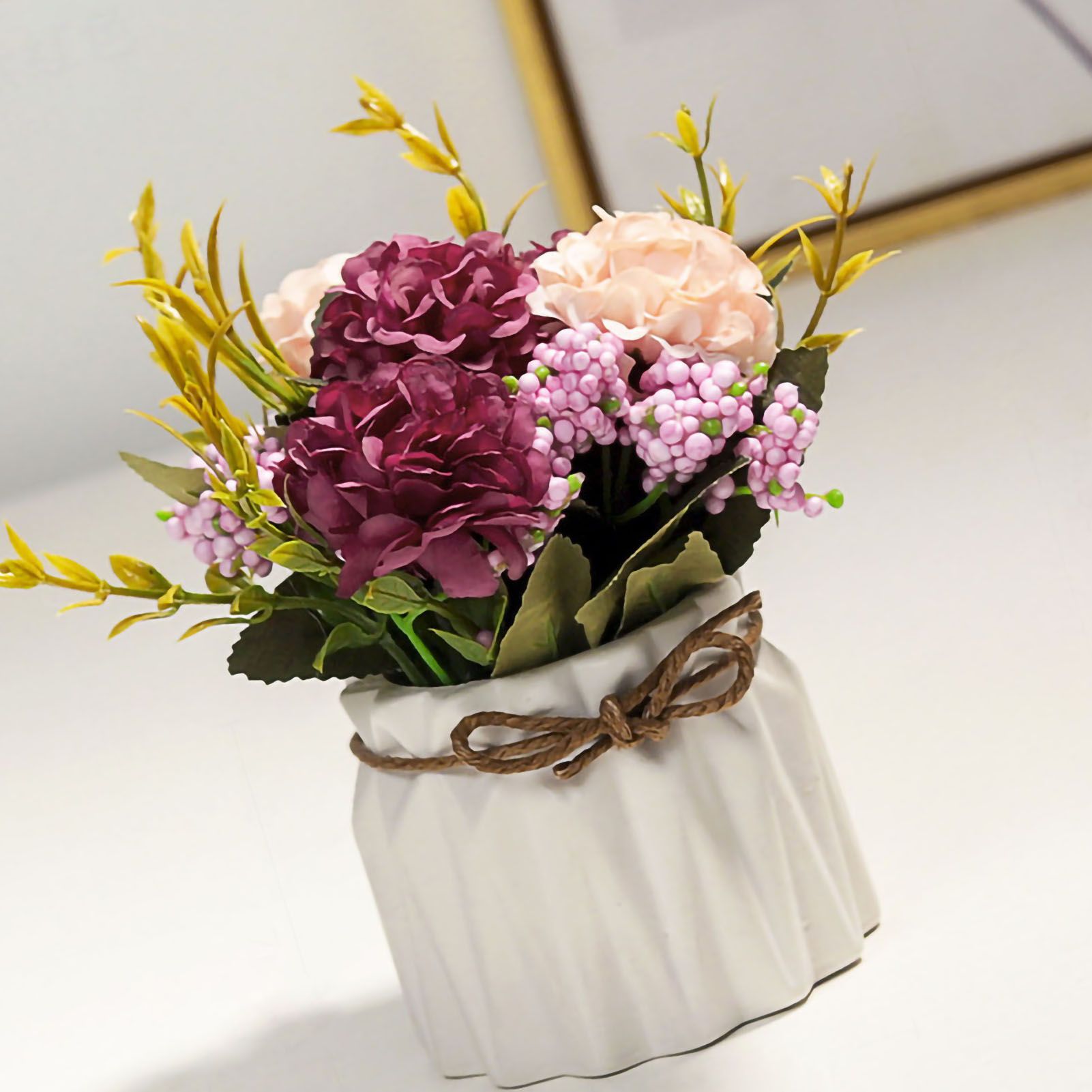 Artificial Fake Potted Flowers Bouquet Hydrangea with Vase for Dining Table Decoration White โ image 2
