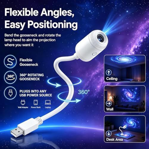12Films 2-in-1 Galaxy Projector Night Light 5D Holographic Night Light Projector USB Plug Star Projector 360° Adjustable Mini Ocean Projector for Bedroom — image 3