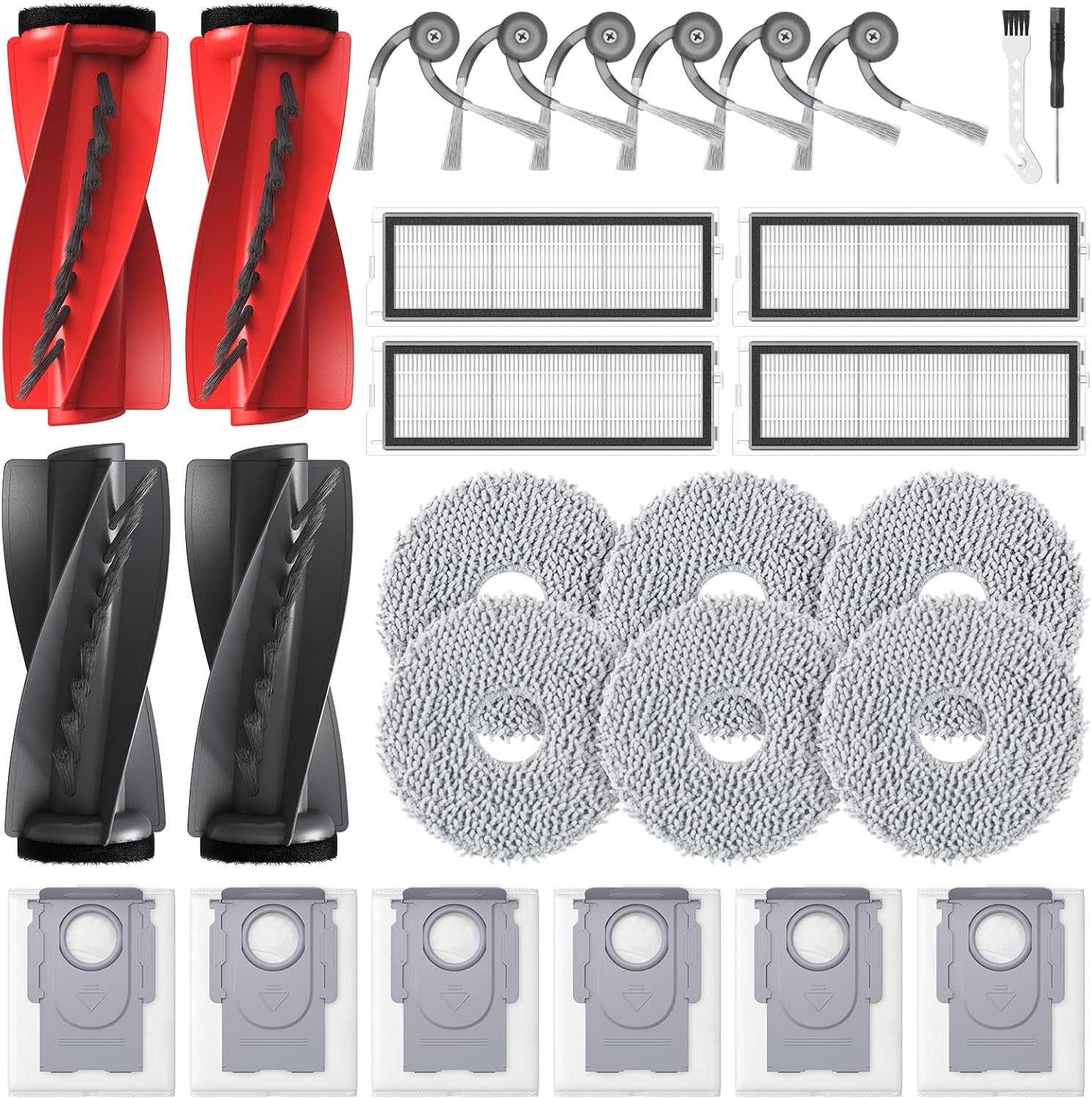 Qrevo S5V Replacement Parts for Roborock Qrevo S5V / Curv/Edge/Edge S5A / Curv S5X, Accessories include 2*Set Main Brush, 6*Mop Pads, 6*Vacuum Bags, 4*Hepa