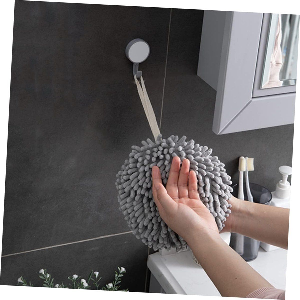 Grey Chenille Ball Hand Towel, Soft Absorbent Hanging Bathroom Towel โ image 3