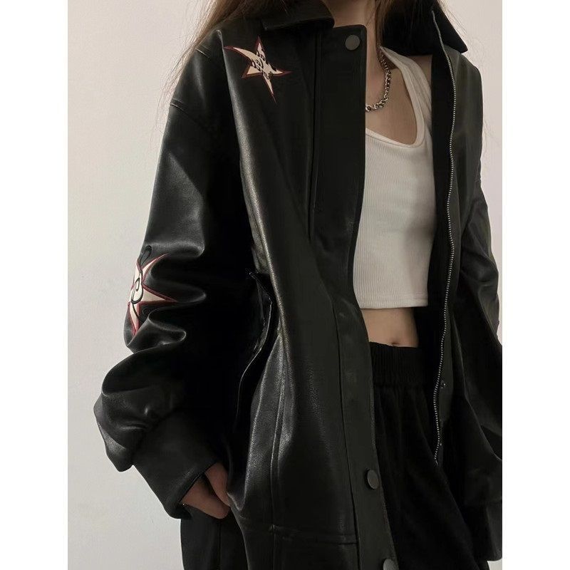 Women PU Leather Jacket Black Polo Collar Zipper L 110 to 125kg โ image 4